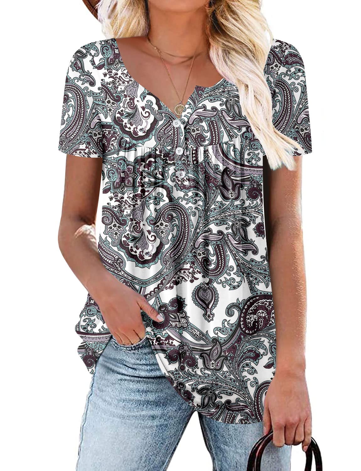 KISSMODA Ladies Pleated Tunic Tops for Women Buttons up Long Sleeve Shirts Floral Print — view 12