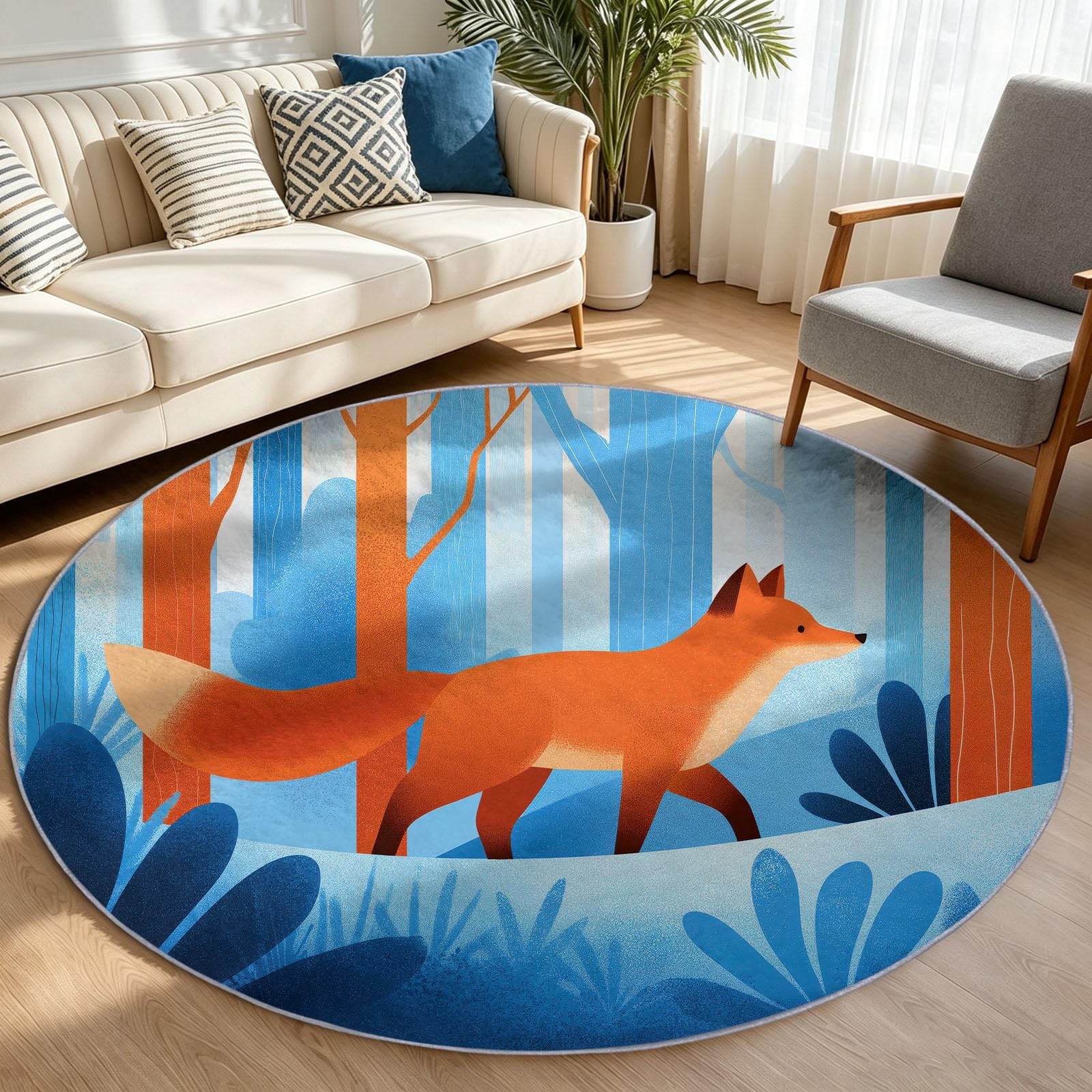 Tappeto rotondo con volpe e foresta innevata, antiscivolo, morbido e accogliente, in finta lana stampata, bordo stretto, tappeto decorativo in stile cartone animato, ideale per soggiorno, ingresso