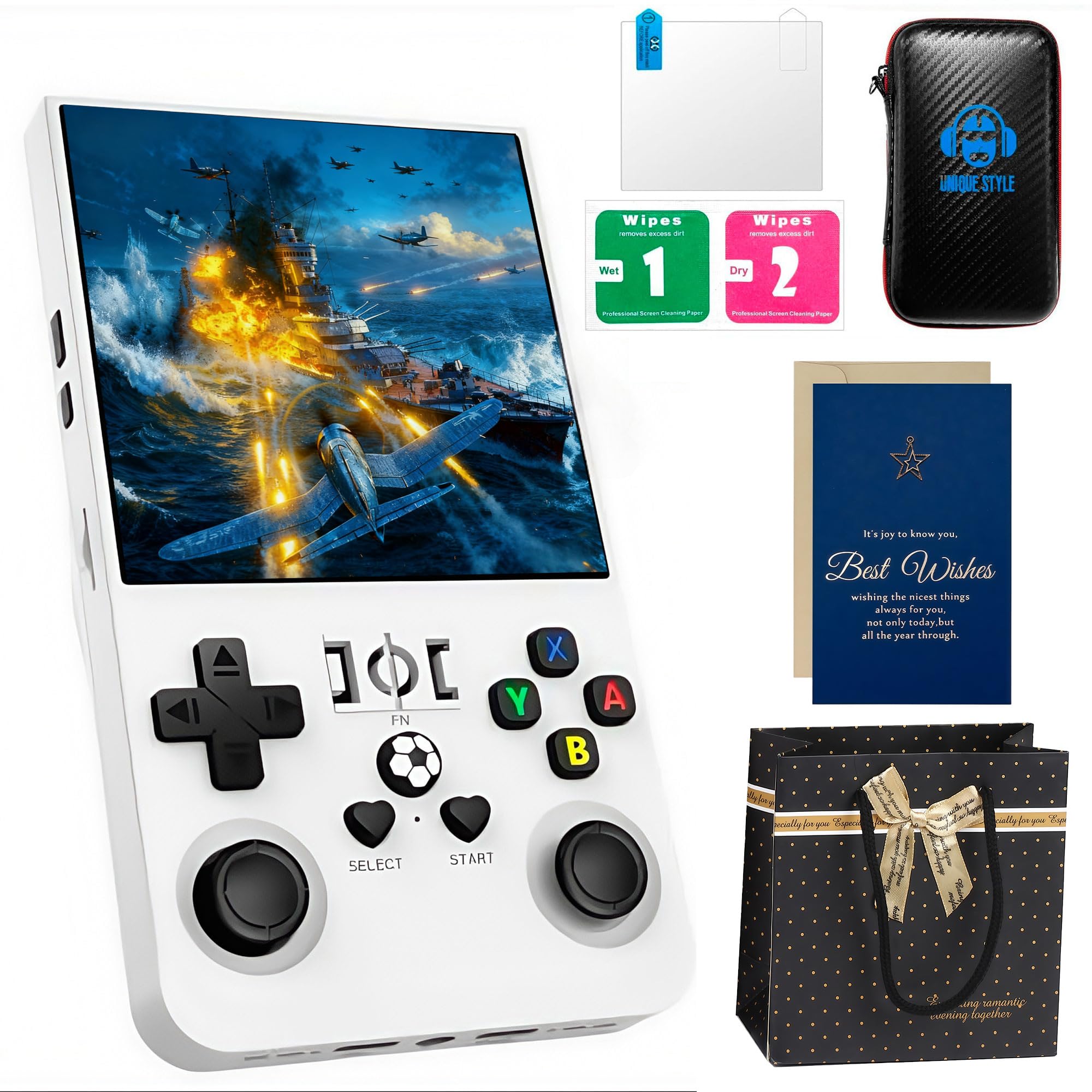 R36MAX Retro Game Console with Christmas Card & Gift Bag | 4 Inch IPS Screen, 21000+ Pre-Installed Games, 20+ Emulators, Portable Linux System (White Gift Set)
