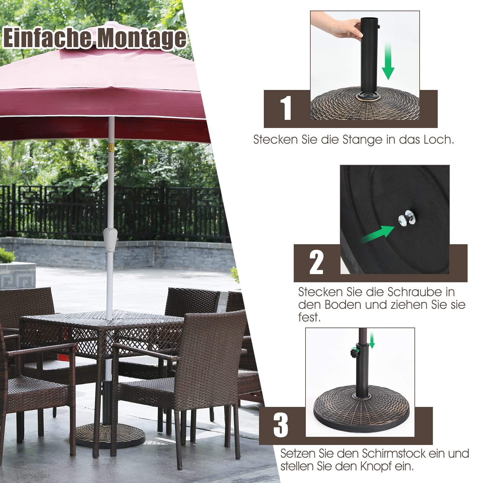 COSTWAY Stojak na parasol przeciwsłoneczny, 10 kg, stojak na parasole 38-48 mm, podstawa parasola przeciwsłonecznego, kolor brązowy, stojak na parasol balkonowy, rattanowy, okrągły stojak do ogrodu, na plażę, basen, brąz