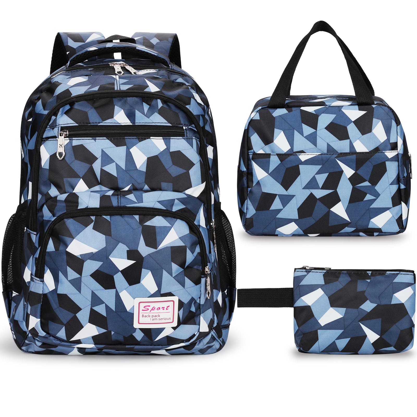 Sarsumir Mochila Escolar Infantil para Niña Niño, 3 Piezas Mochilas Escolares Adolescentes Set, Backpack Mochila Colegio Impermeable con Bolsa de Almuerzo y Estuche para Lápices, Negro
