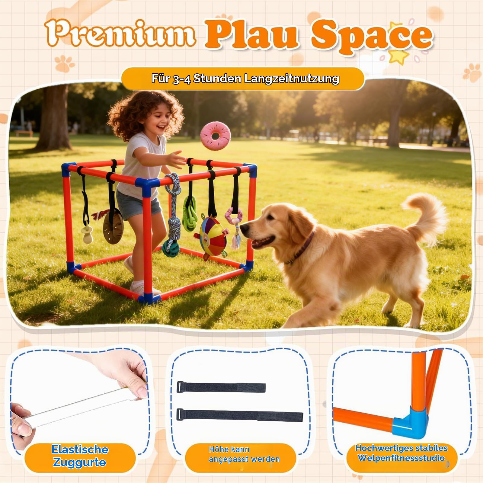 Welpenspielstudio für kleine Hunde mit 9 Hängenden Spielzeugen,Abnehmbarer Interaktiver Bereicherung Katze Puppy Play Gym Cat Indoor Dschungel Spielplatz,PVC-Rahmen mit Bungee-Gurten und Kauspielzeug