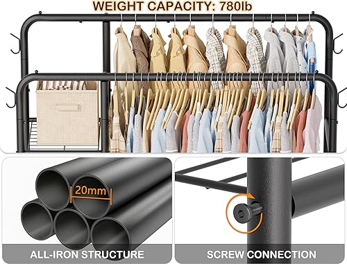 Vista 5 de Perchero de doble barra con estantes de almacenamiento de 4 niveles, perchero para colgar ropa, organizador multifuncional de ropa resistente