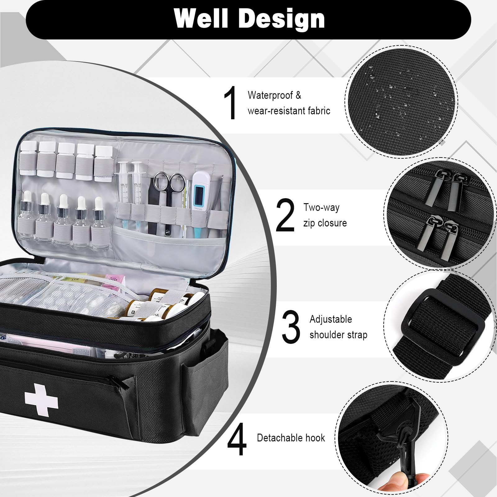 Borsa Medica a 2 Strati per Infermiere Pronto Soccorso Portatile Nero