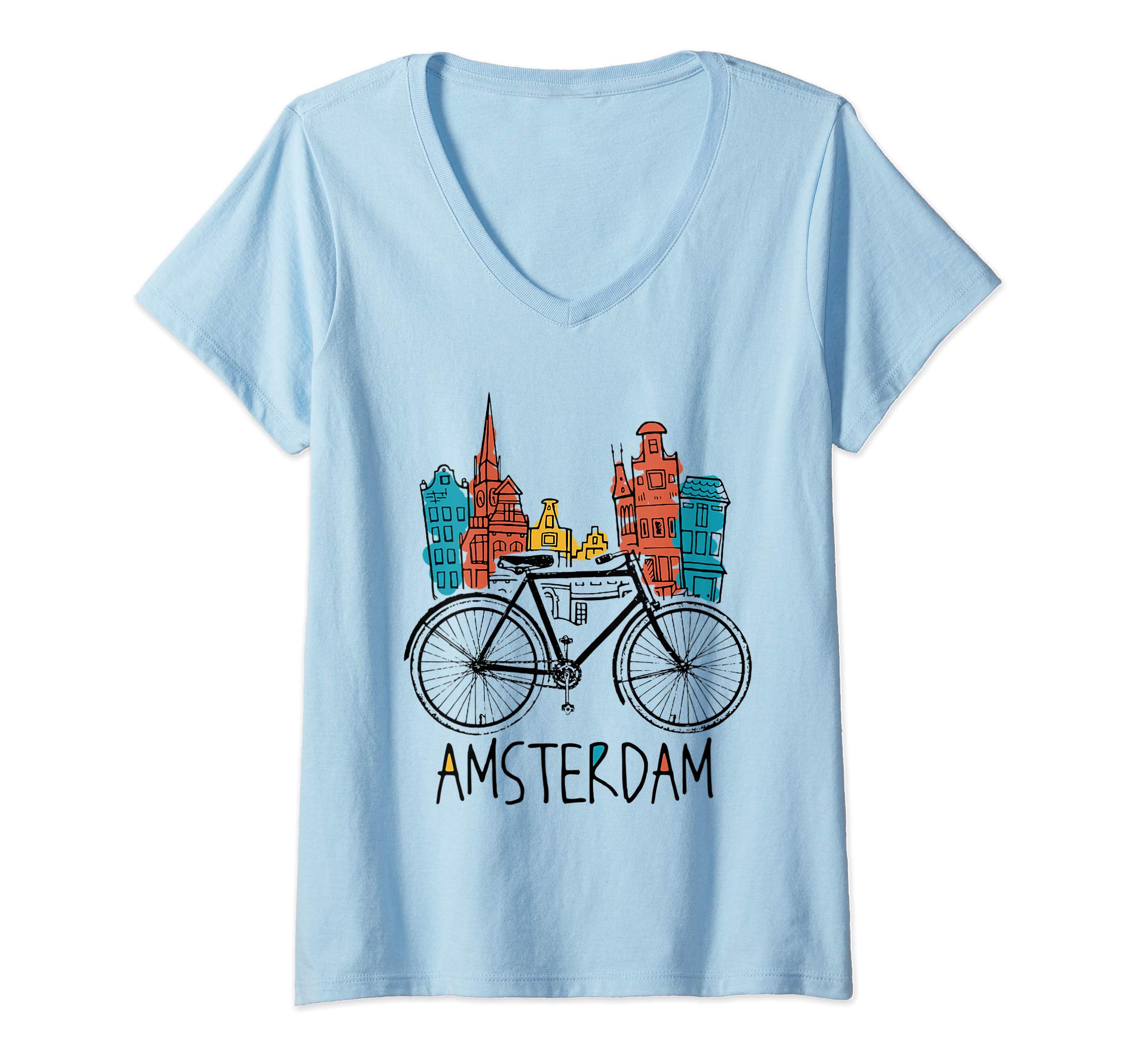 Womens Amsterdam Vintage Retro Holland Bicycle Netherlands V-Neck T-Shirt