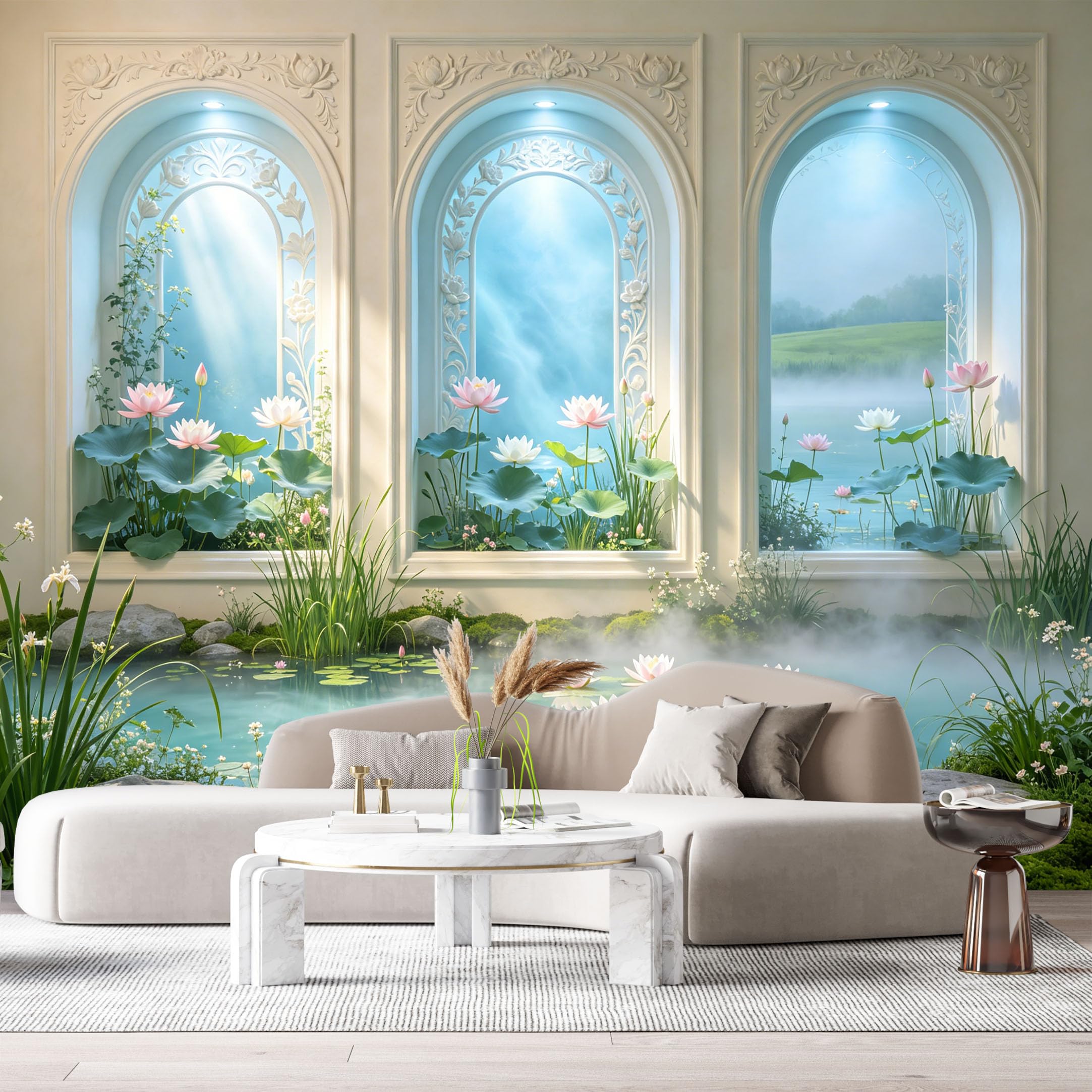 Custom Size Wall Murals Lotus Flowers Misty Lake Landscape Neoclassical 3D Trompe L'Oeil SelfAdhesiveWall Fabric Removable Wallpaper Wall Decor for Living Room Bedroom Bathroom