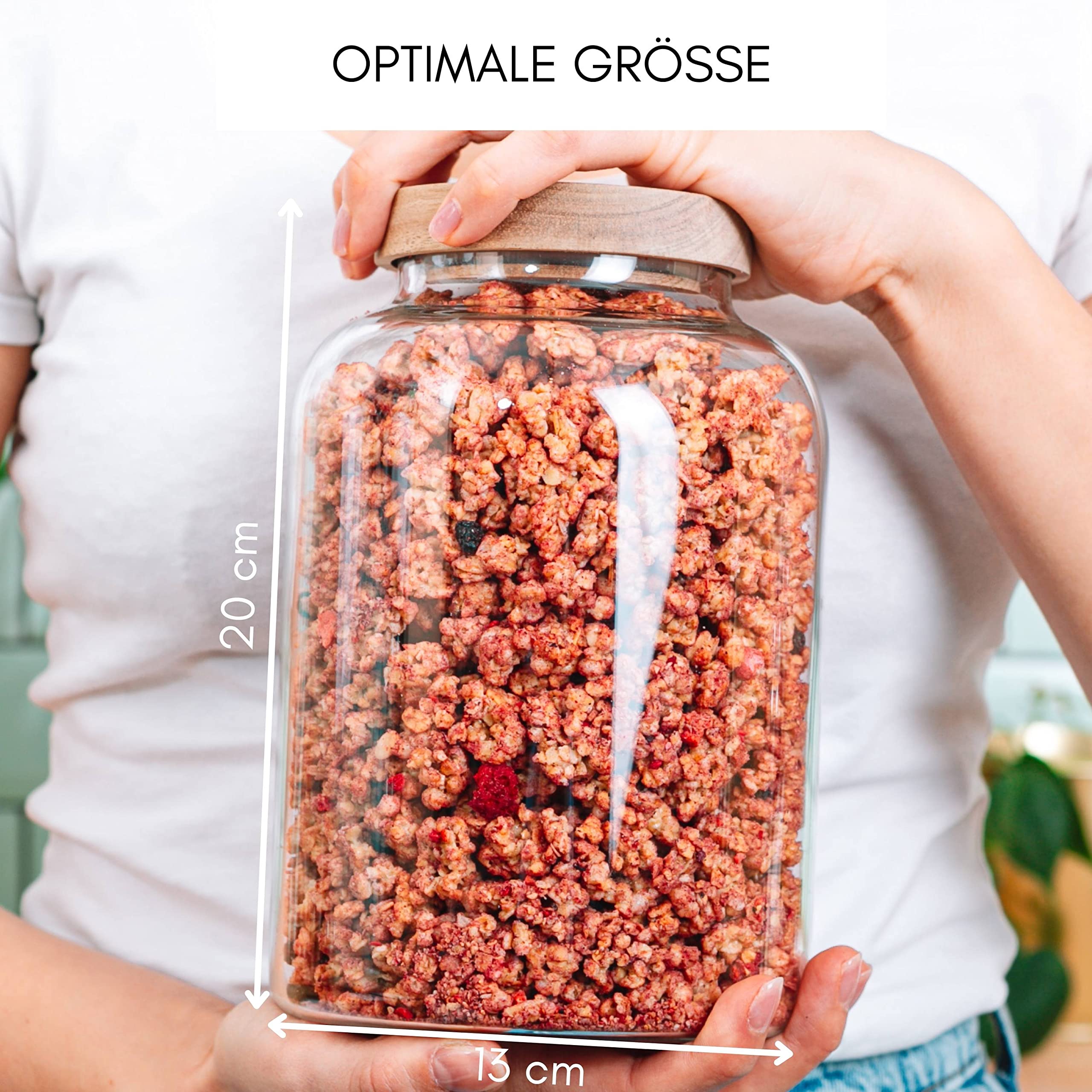 Econovo® Tarros de almacenamiento con tapa grande (2 piezas), 1600 ml, tarros de cristal con tapa de madera, herméticos, juego de tarros de almacenamiento para alimentos grandes y pequeños