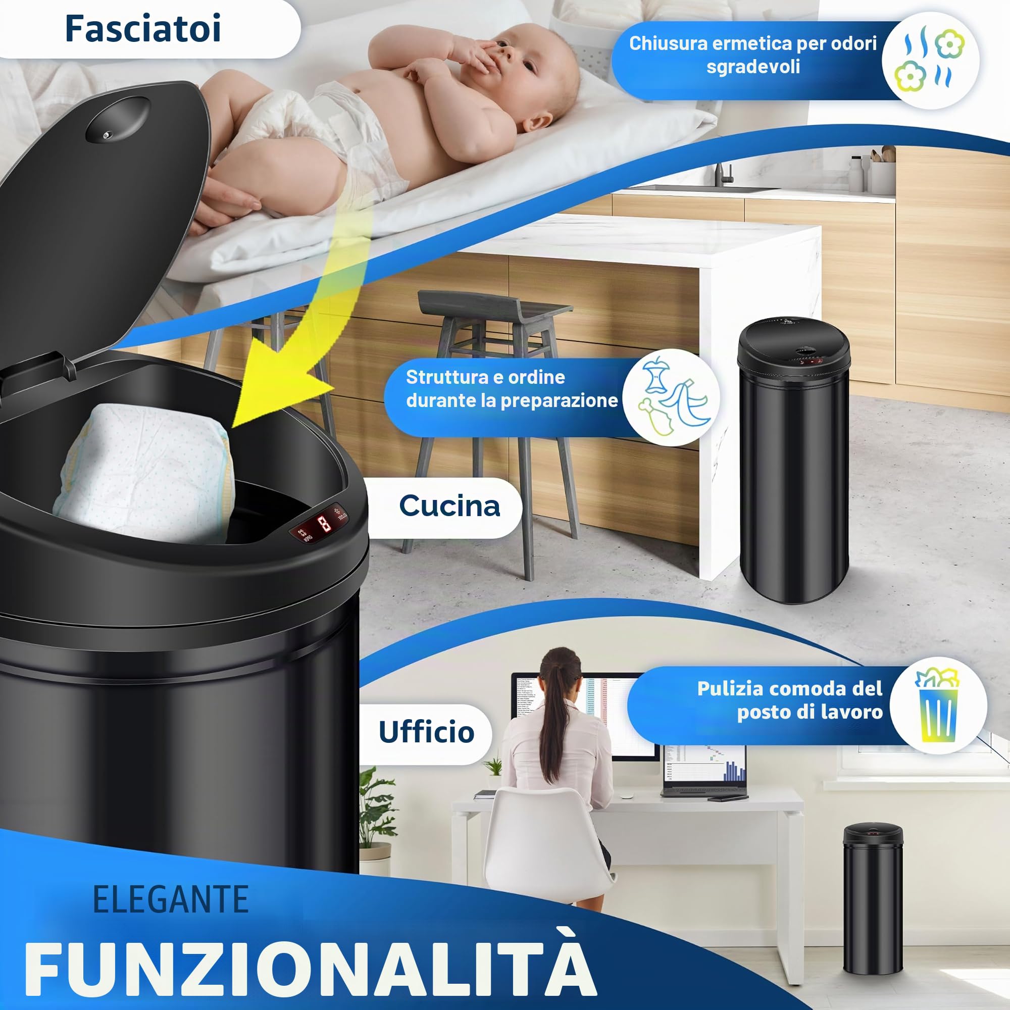 KESSER® Pattumiera con sensore ✓ Automatica ✓ Pattumiera ✓ Rifiuti | Acciaio inossidabile | Colore: nero | Dimensioni: 30 l