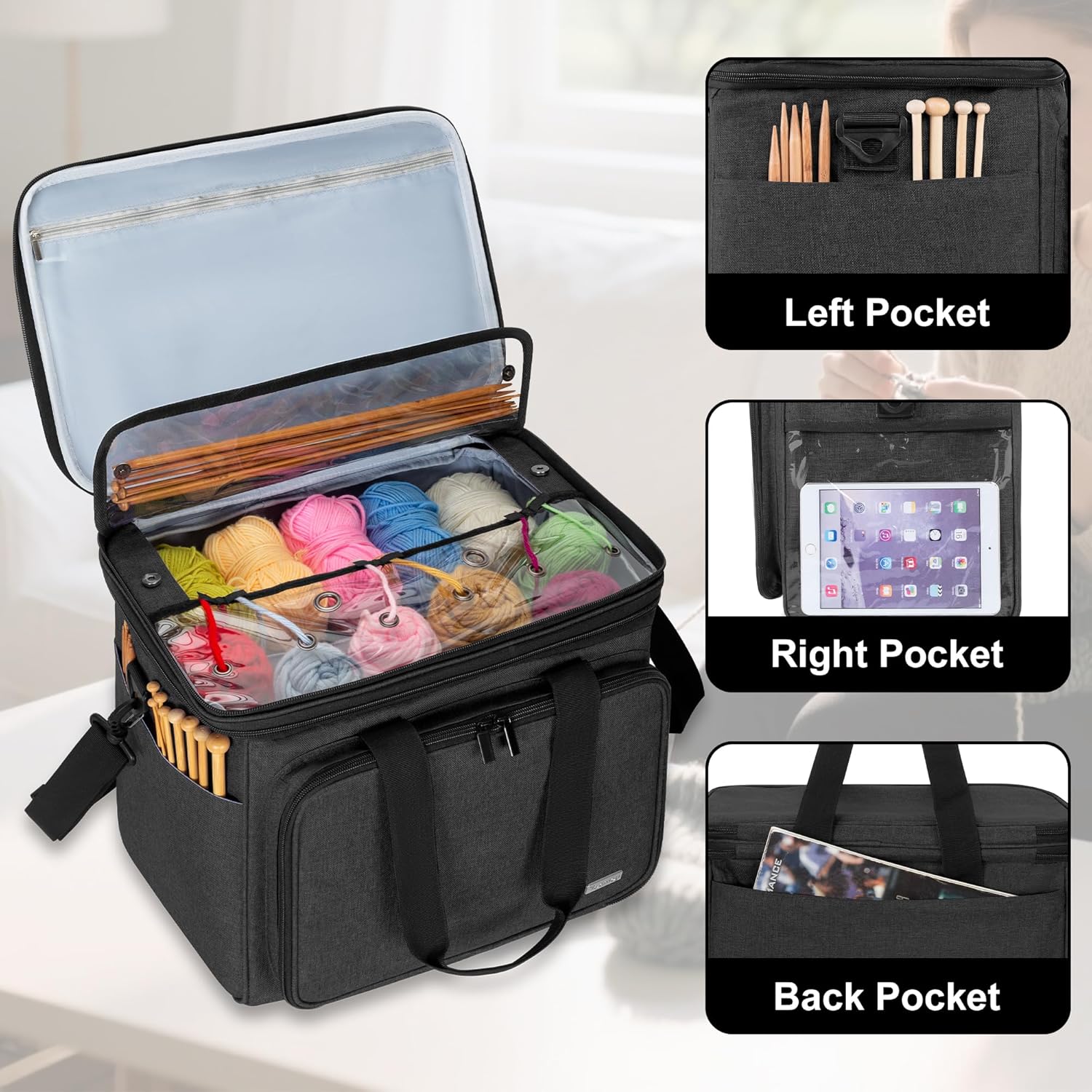 Teamoy Knitting Bag with Divider and Cover, Portable Yarn Storage Organizer for Crochet Accessories and Knitting Needles,Ideal for Knitting Enthusiasts, Black