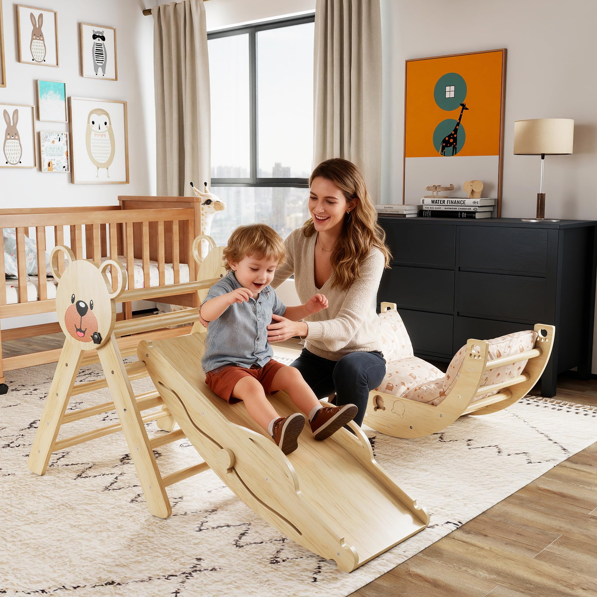 Klettergerüst Indoor,Holz Montessori Kletterdreieck mit Rutsche, Bogen，Leiter&Spielmatte ，für Kinder ab 1 Jahr(Naturholz)