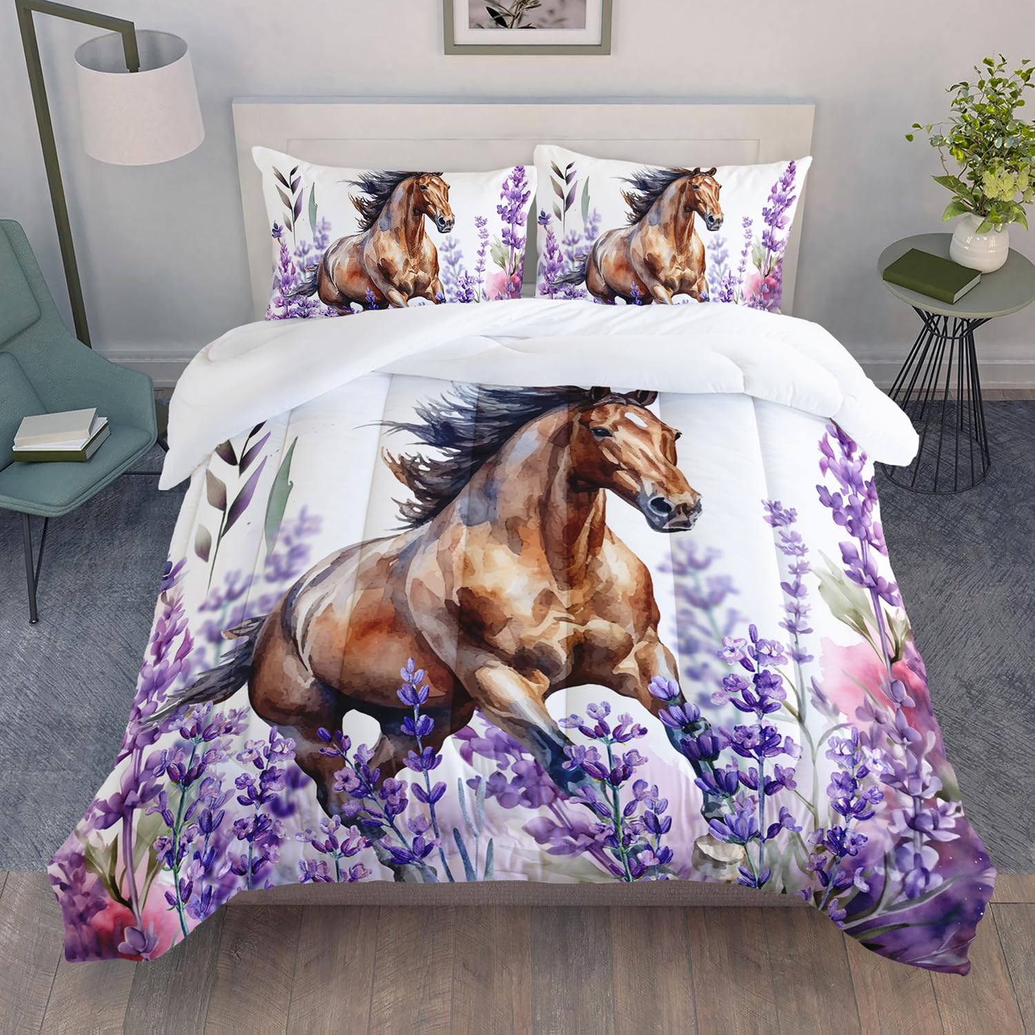 AILONEN Horse Comforter Set Full Size, Galloping Horse Bedding Set for Boy Teens,Lavender Flowers Bed in a Bag,3Pcs,1 Quilt and 2 Pillowcases,Soft Microfibre for All Season