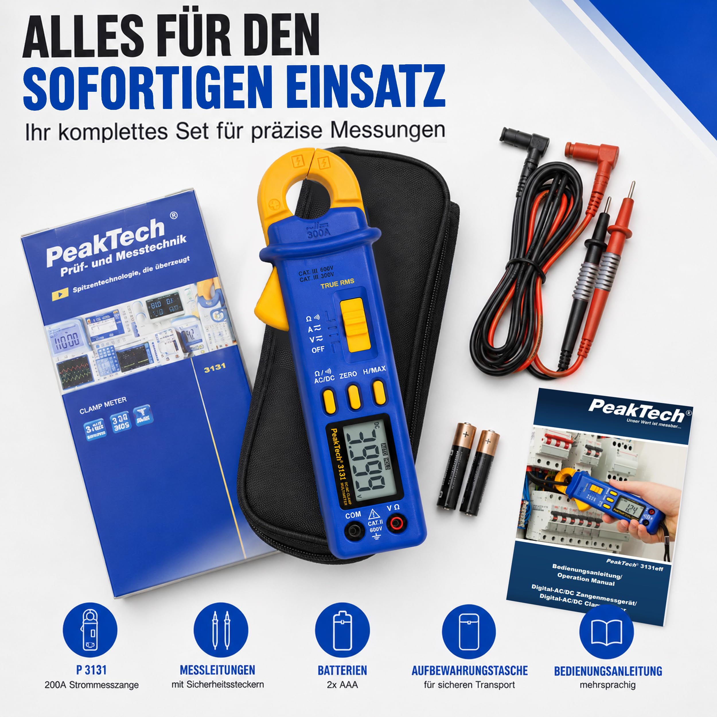 PeakTech P 3131 True RMS Stromzange - 300 A AC/DC, 4000 Counts mit Multimeter, 1 Stück, P 3131