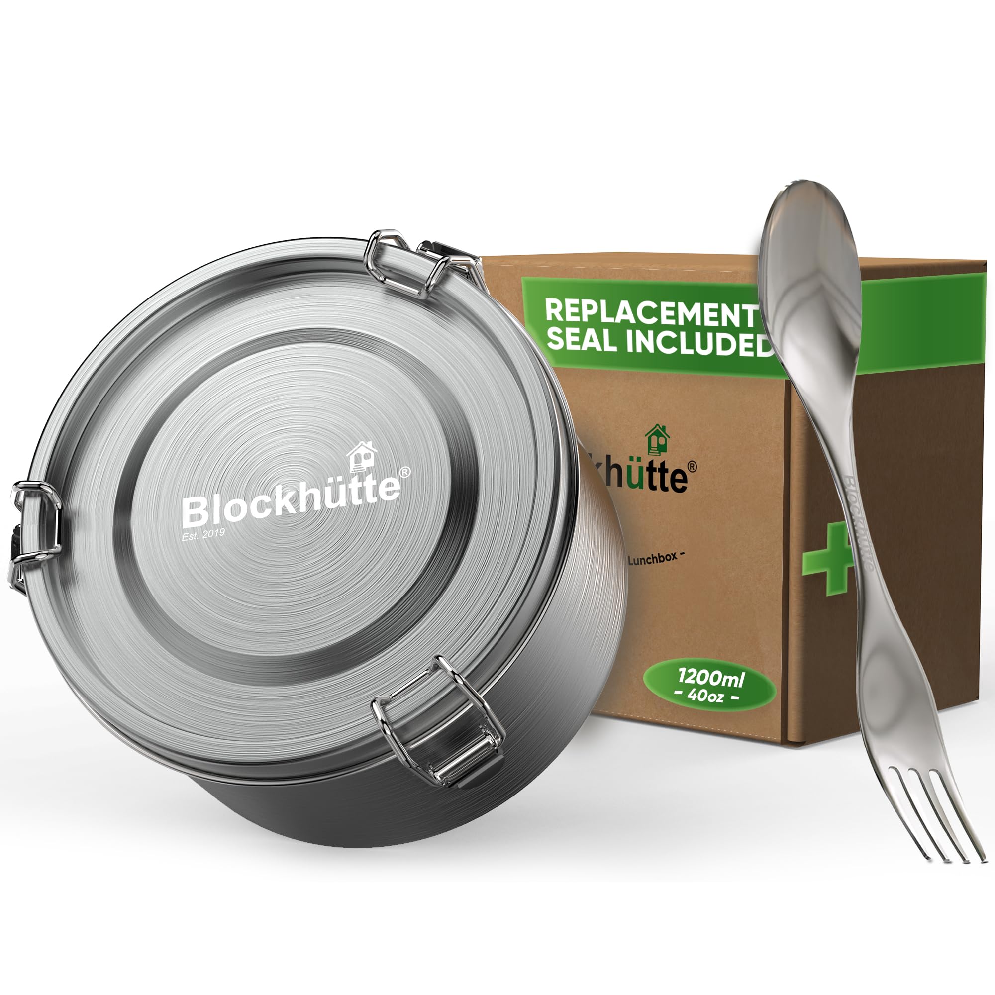 Blockhütte Stainless Steel Food Containers I 1200ml with Spork, Spare Seal, Round I Tiffin, Stainless Steel Lunch Box Leakproof – Bento Metal Lunch Box for Adults, Kids, Food Storage Containers