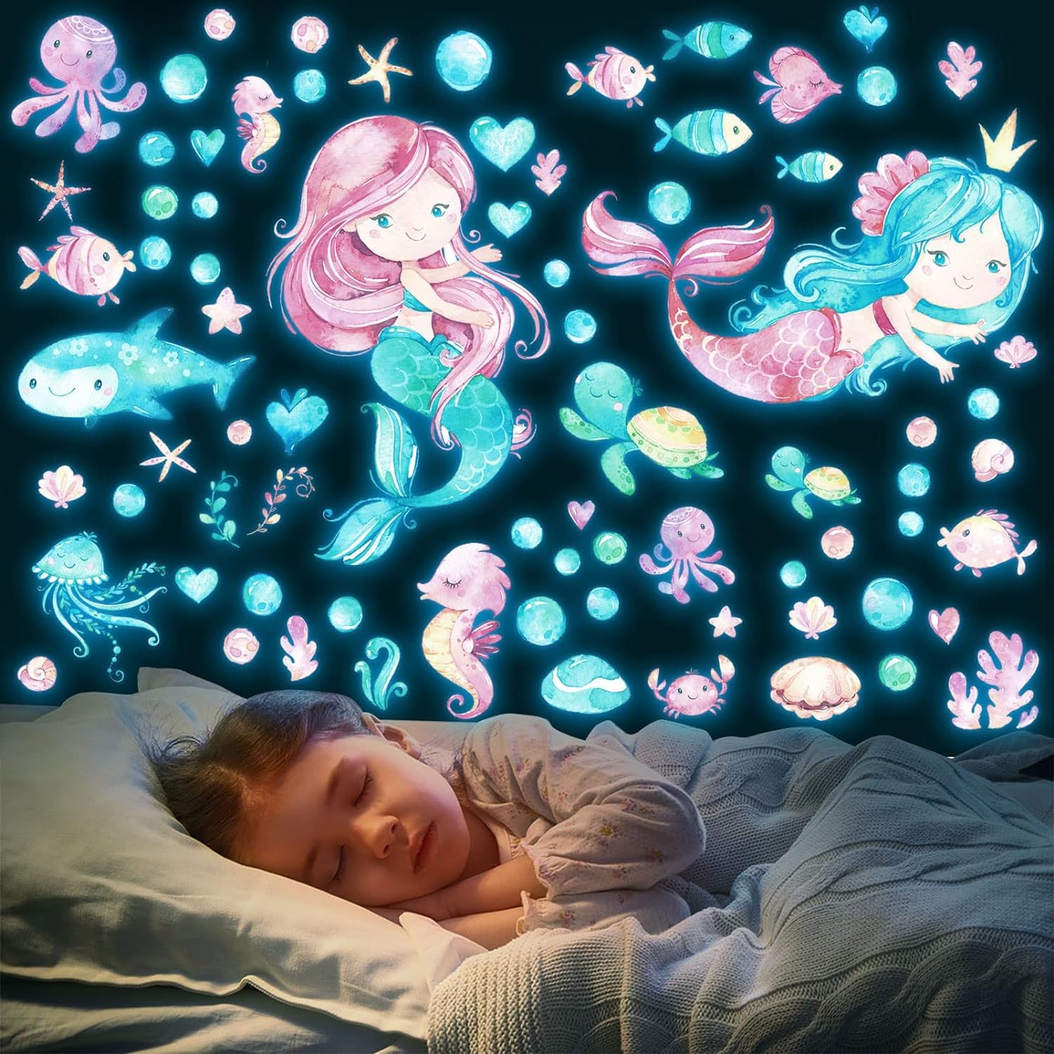 Tarklanda Glow in The Dark Mermaid Wall Decals Luminous Sticker Ceiling Decor Glowing Under The Sea Ocean Fish Wall Stickers for Kids Girls Bedroom Baby Nursery Wall Decor Blue