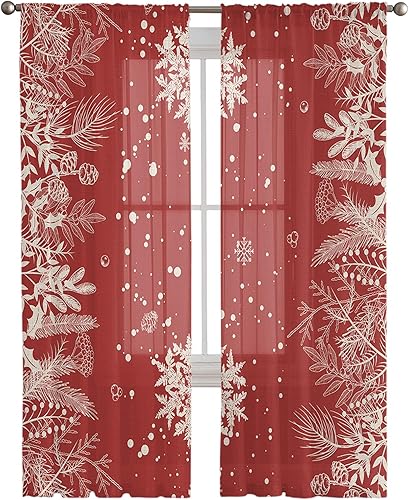 Miniatura 3 de Snowflake Sheer Curtains 84 Inch Length 2 Panels Set for Living RoomBedroom, Winter Christmas Pine Tree Leaves Watercolor Semi Curtain Sheers Drapes