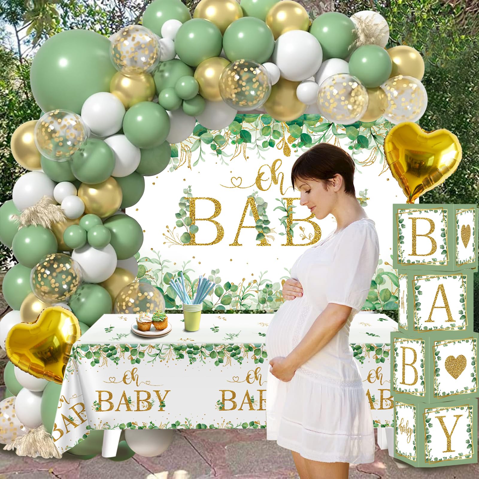 Sage Green Baby Shower Decorations for Boy Girl 106pcs Greenery Balloon Arch Kit, Baby Box,Tablecloth and Backdrop for Boho Woodland Jungle Theme Baby Shower Decor Neutral Party Supplies