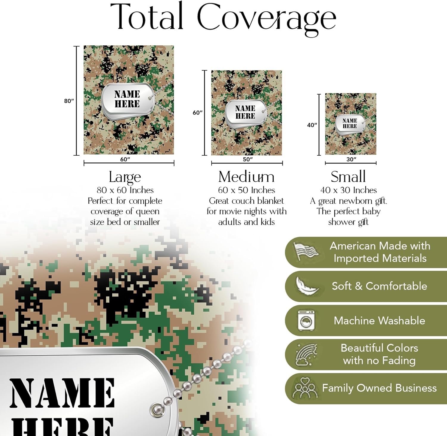 Ships Next Day, Made in USA - Personalized Green Digital Camo, Military Fleece Blanket – Custom Name Throw – Warm, Cozy, Full-Sized Army Throw for Sofa or Bed (Fleece 50x60)