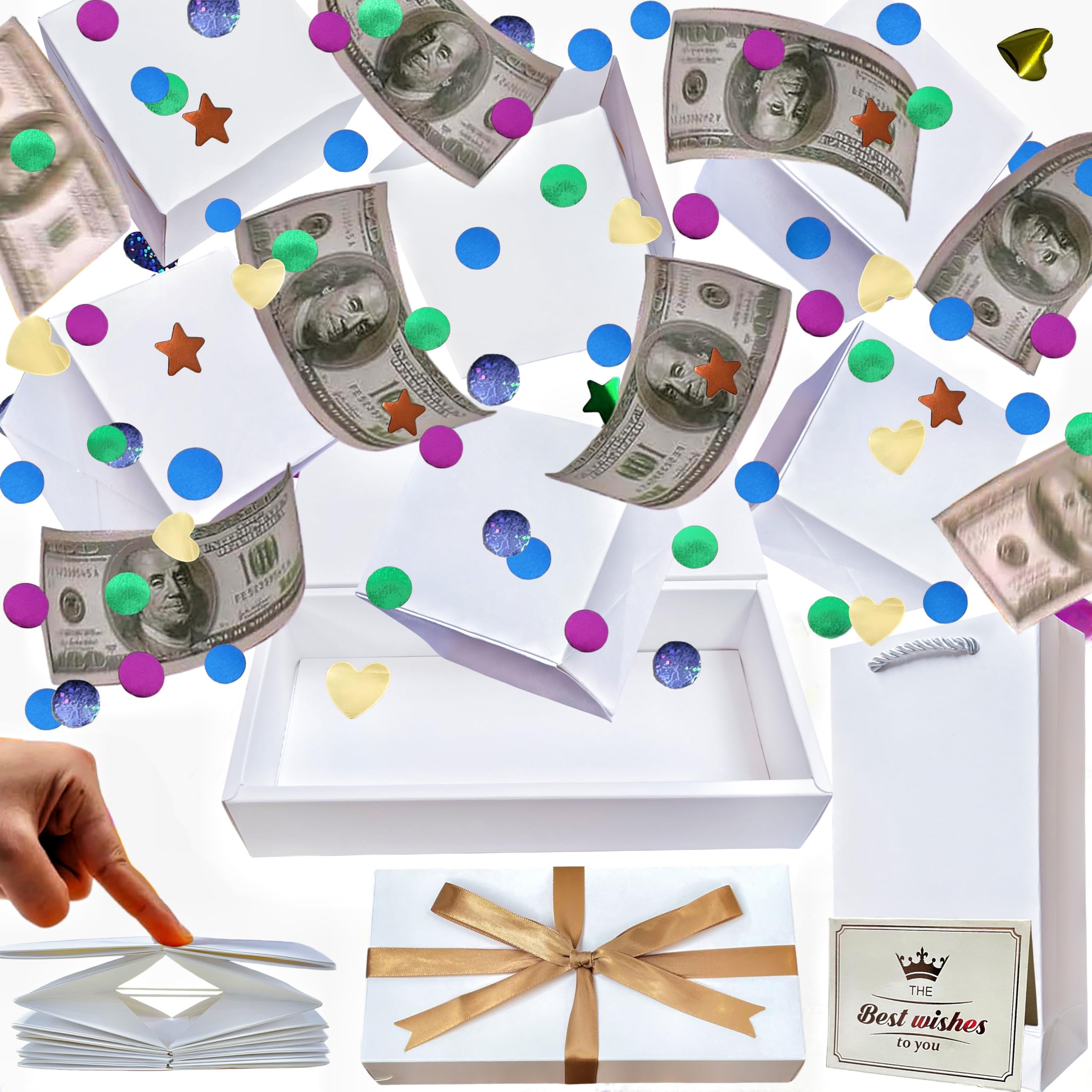 Surprise Gift Box for Money, DIY Unique Folding Bouncing Gift Boxes with Confetti, Surprise Gift Box Explosion for Birthday, Anniversary, Valentine's Day.(White)