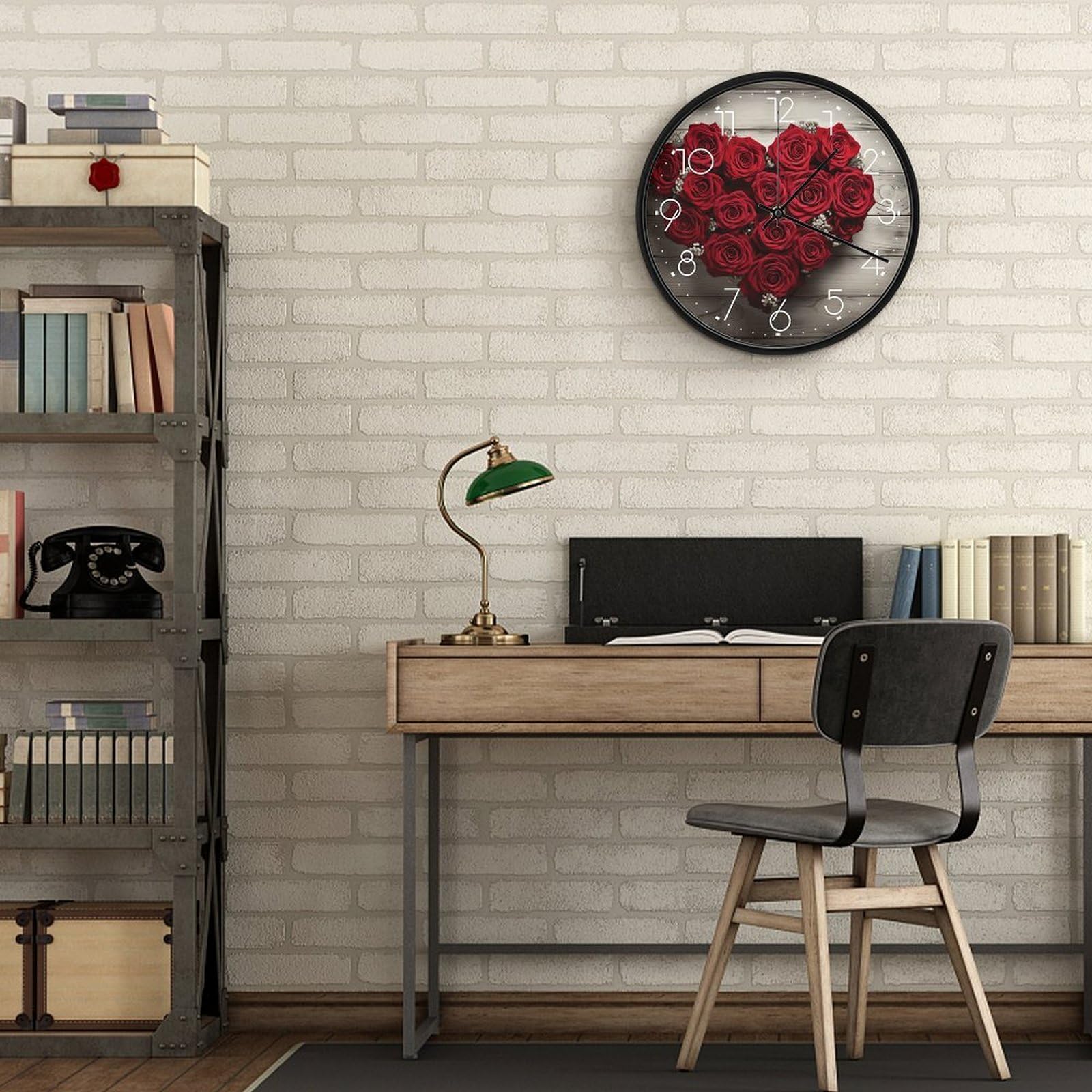 Orologio da parete con rose rosse a forma di cuore, silenzioso, senza ticchettio, orologio moderno a batteria, rotondo, analogico, classico, per camera da letto, cucina, ufficio