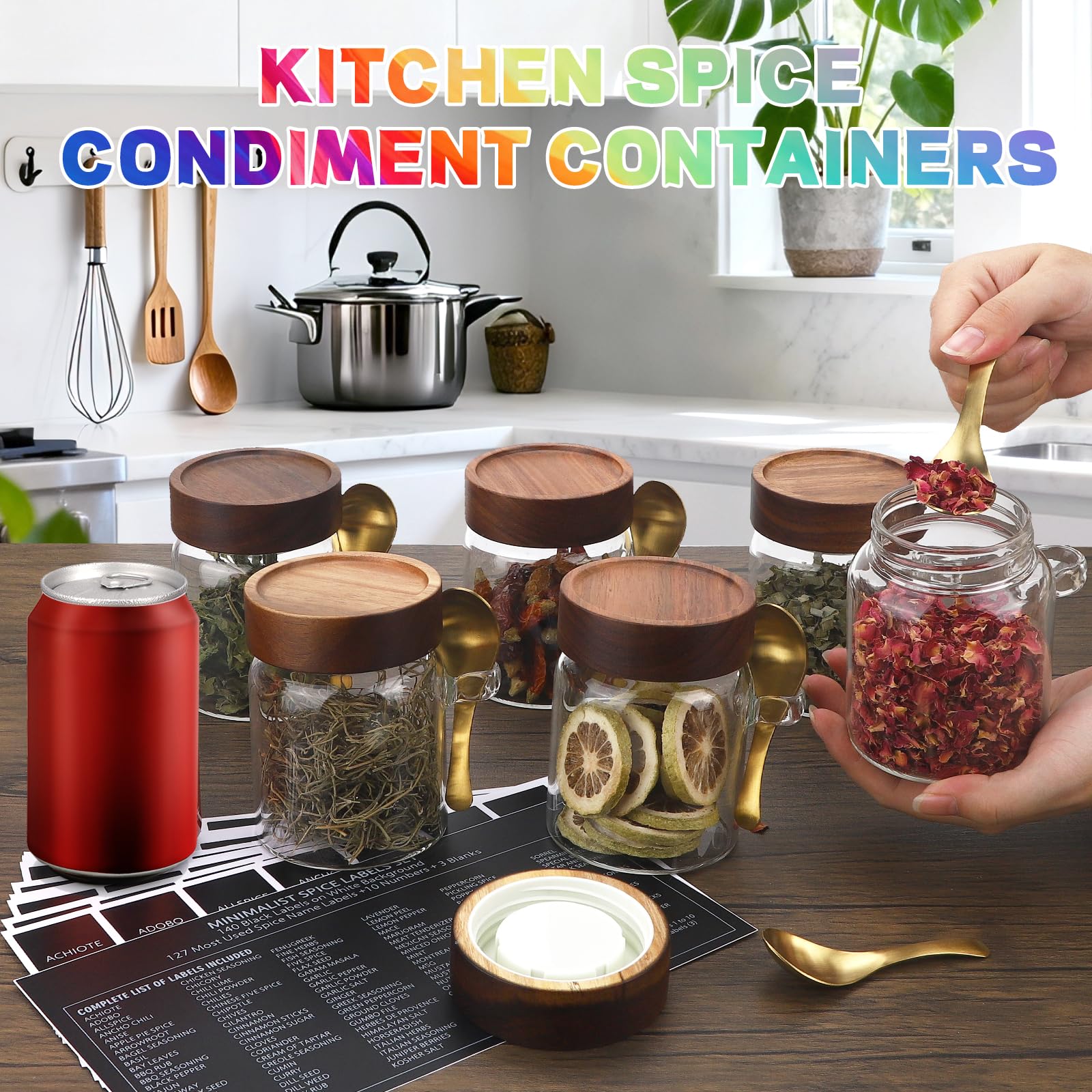 Kleines Glas mit luftdichtem Deckel, Löffel, Zucker, gemahlener Behälter, rund, Lebensmittelbehälter für Gewürze, Kaffeebohnen, Nüsse, Nudeln, Süßigkeiten, Reis, losen Tee (300 ml, 6 Stück)