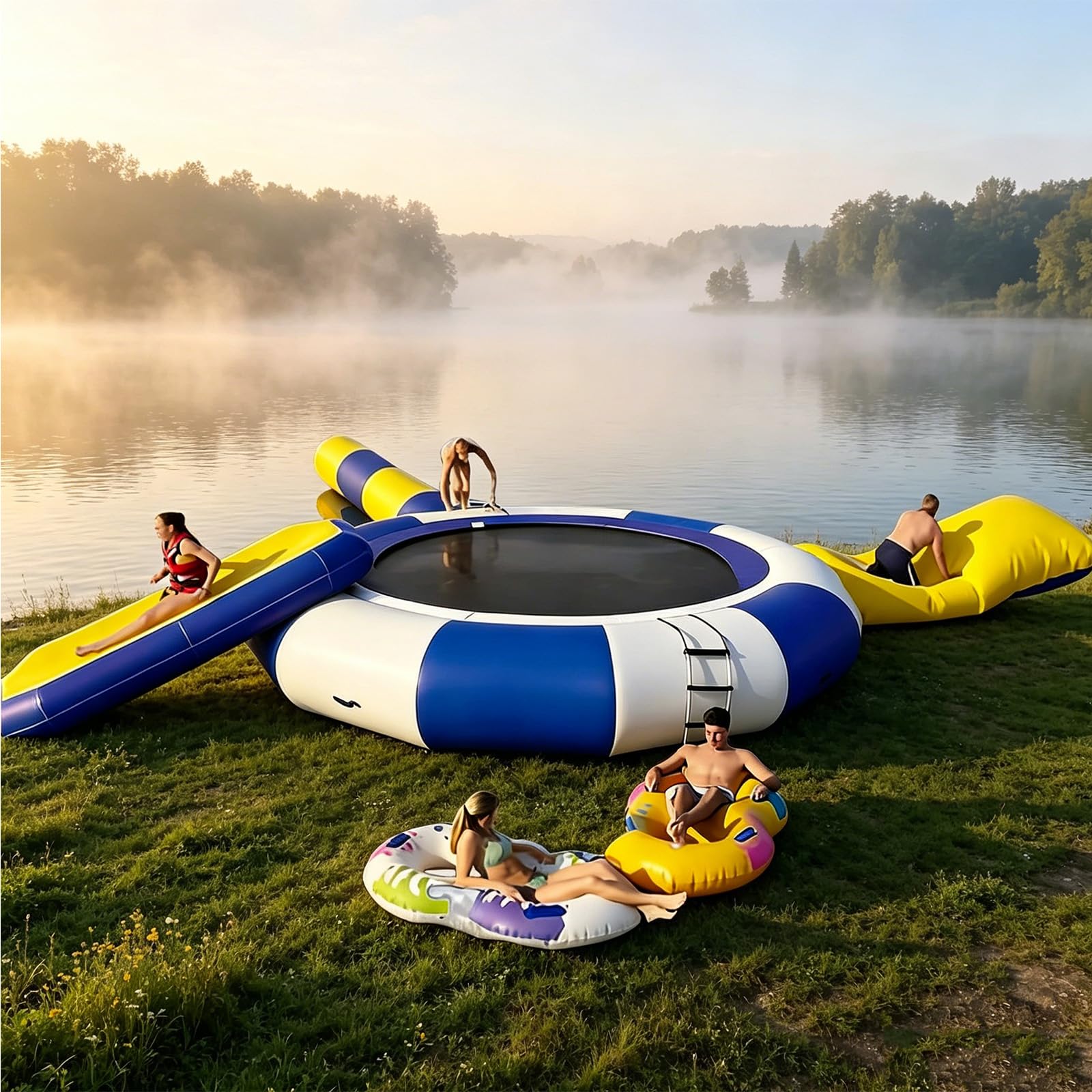 NSACMD 10Ft/13Ft/16Ft Inflatable Water Trampoline with Slide – Bounce Platform & Floating Lake Mat for Adults, Kids, And Family