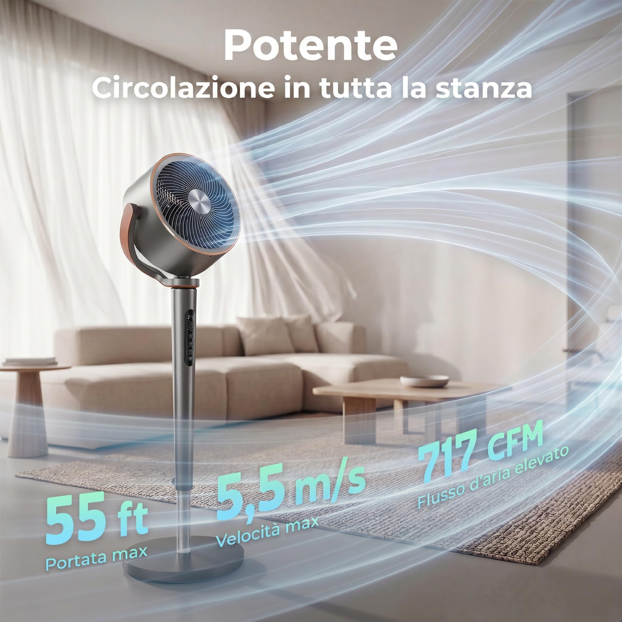 HOMCOM Ventilatore a Piantana Silenzioso 20dB, Ventilatore Camera da Letto, Oscillazione 70°+90°, Funzione Aromaterapia, Ionizzatrice, Motore DC, Telecomando, 12 Velocità, Timer12H, Altezza Regolabile