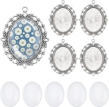 PH PandaHall Pendant Trays Set Wedding Bouquet Photo Charms Antique Silver Memory Charm Pendant Bezels Cabochon Blanks Settings 30x40mm Oval Glass Cabochon for Jewelry Making Wedding Graduation 5Sets