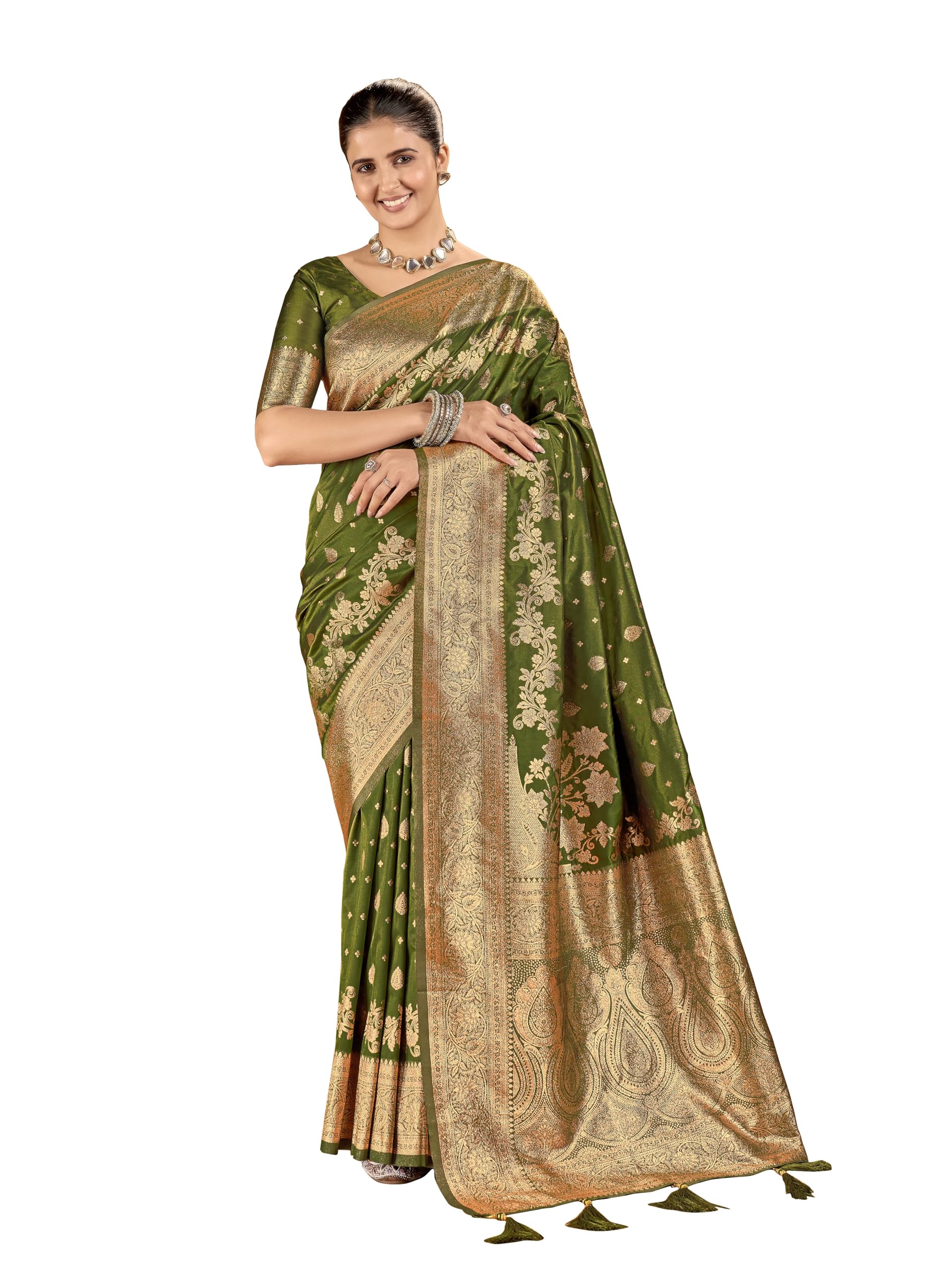 Mehrang Women's Banarasi Silk Kanjivaram Saree For Wedding With Pure Zari Work, Woven Design, With Unstitched Blouse Piece