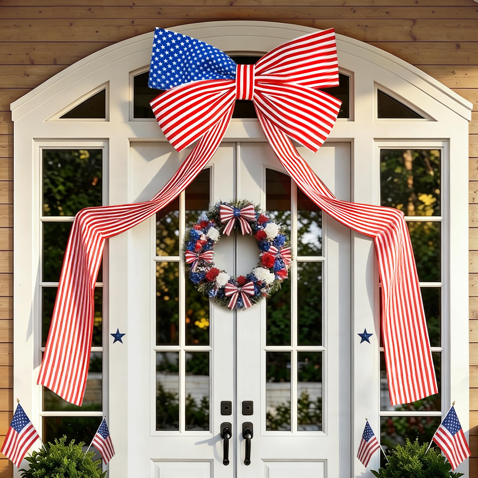 Photo 1 of 4th of July Decorations Outdoor - 6.5FT Giant Patriotic Bow - Fourth of July Memorial Day Patriotic Decor - Stars and Stripes Hanging Bow for Independence Day 250th Anniversary Indoor Outdoor Decor