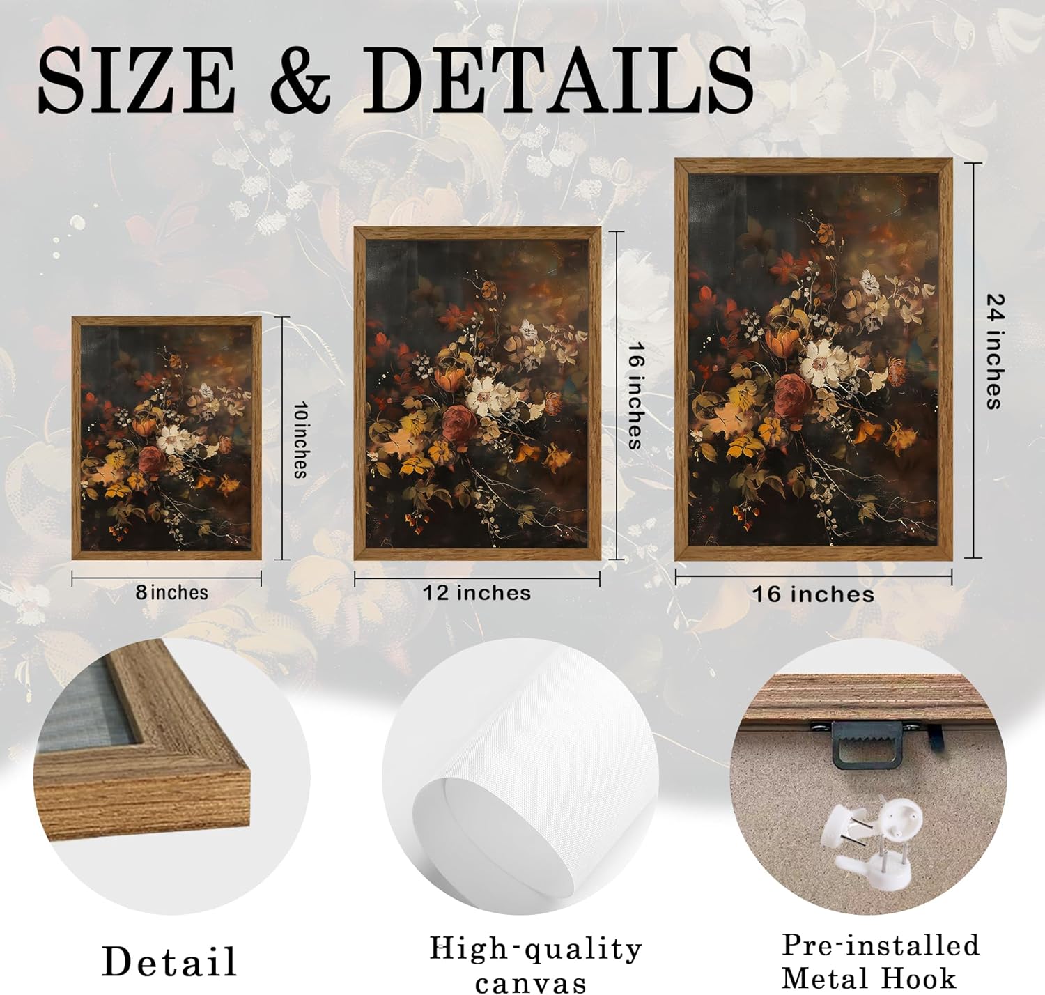 AVECCO Framed Dark Academia Vintage Flowers Canvas Wall Art, Nature Botanical Painting Wall Decor, Farmhouse Floral Plant Art Prints for Bathroom Bedroom Living Room Office Home Ready to Hang 12x16 In