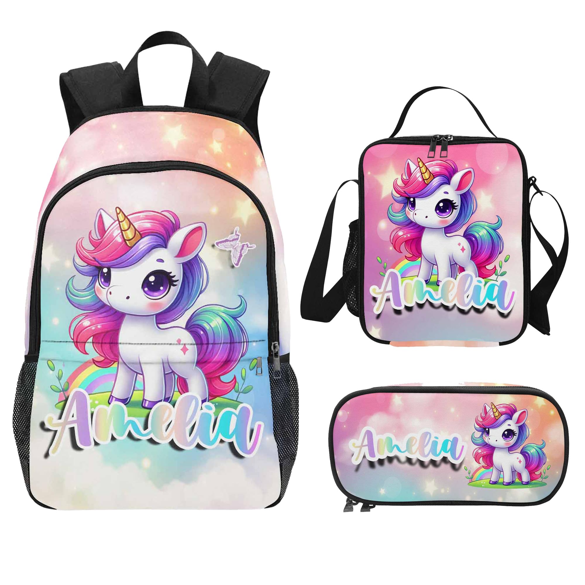 Faroishta Personalized Cute Unicorn Print Backpack Customized Backpack with Name, Preschool Elementary Girls Bookbags for Bag Back to School, Travel