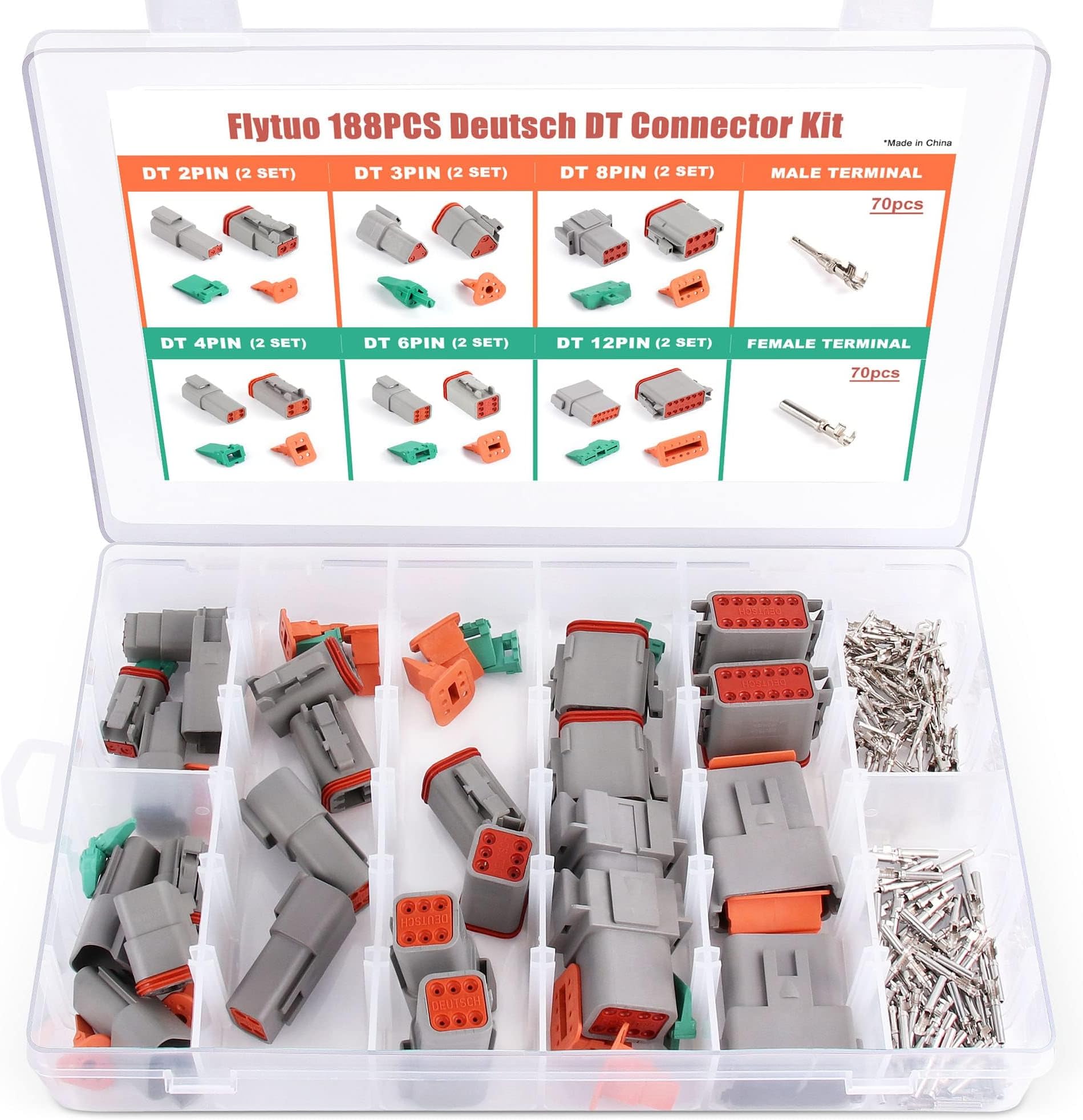 188PCS Deutsch Connector Kit,8 Sets 2/3/4/6/8/12 Pin Automotive Waterproof Car Electrical Wire Connectors Plug for Motorcycle, Truck, Car, Boats, Scooter(16-22AWG)