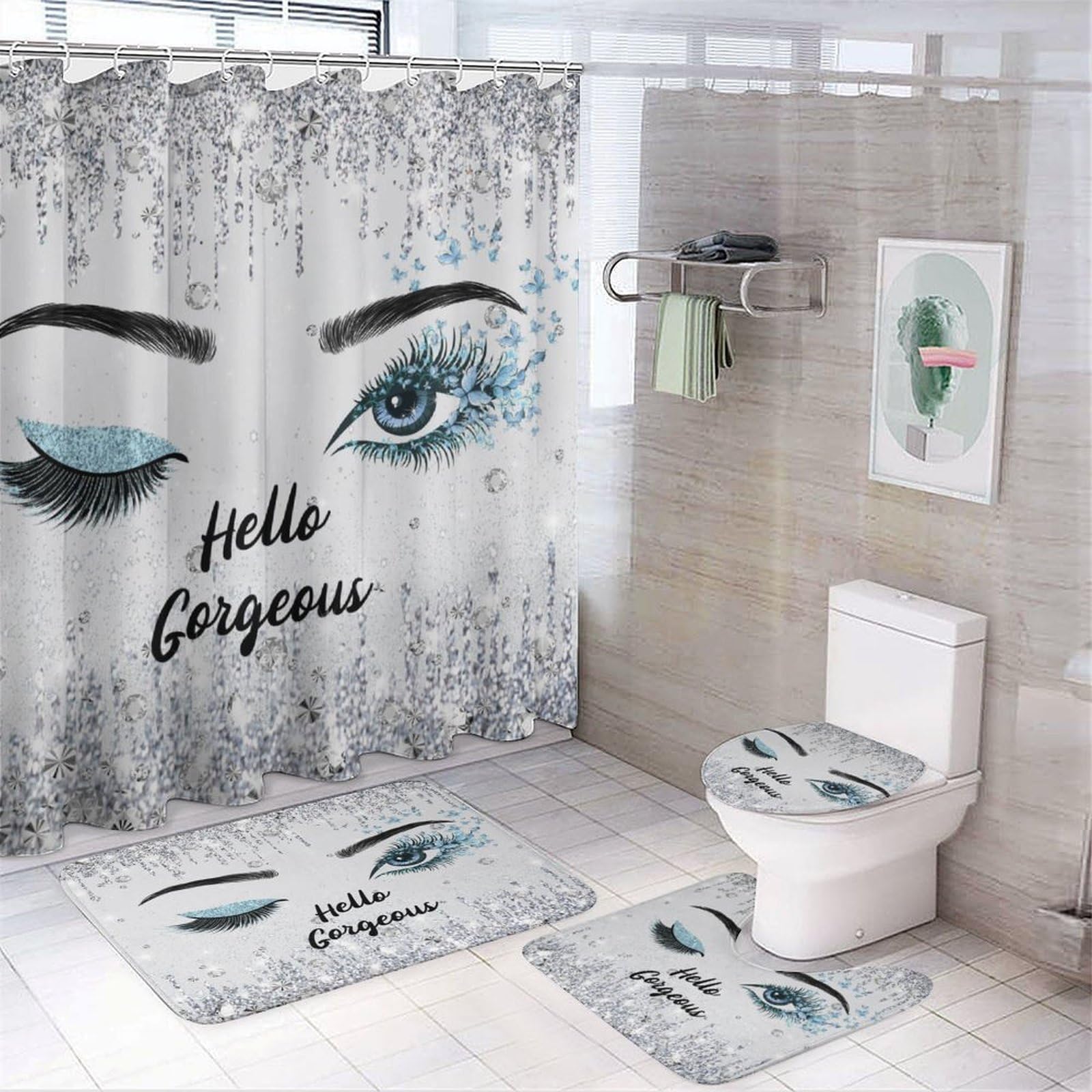 Msykanix Girls Silver Hello Gorgeous Eyelash 4 Pcs Shower Curtain Sets,Modern Makeup Theme Dripping Glitter Print Bathroom Sets With Rugs,Toilet Lid Cover And Bath Mat