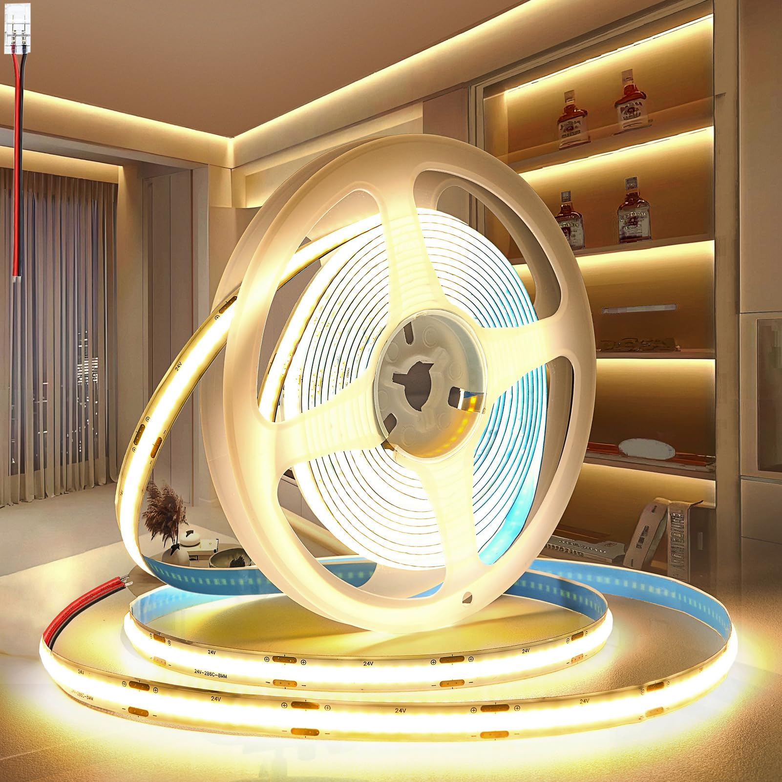 PERVADEO 12V COB LED Streifen Warmweiß 3000K, 5m Selbstklebend LED Strip 320LEDs/m 8mm Breite CRI90+ Flexibles LED Band helles Unterbaulicht für Fernseher, DIY Dekoration(Ohne Netzteil)