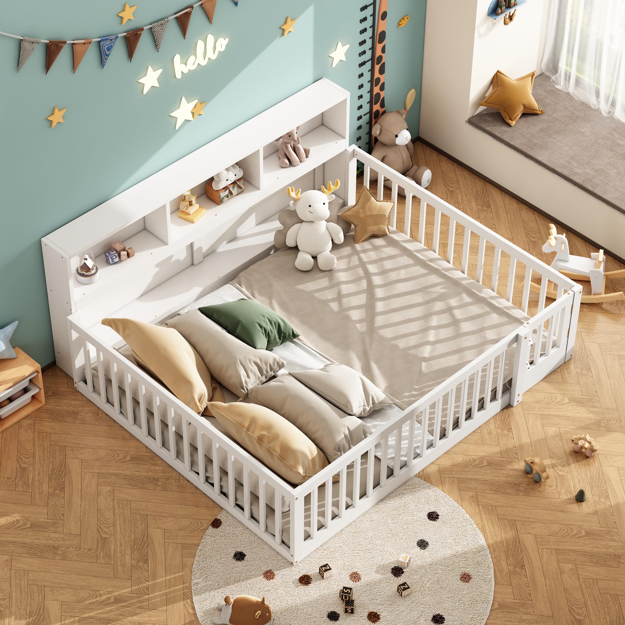 Letto da pavimento per bambini, 140 x 200 cm, con rete a doghe e protezione anticaduta, lato letto con scomparti multipli, stile semplice, per ragazzi e ragazze, in legno di pino, bianco