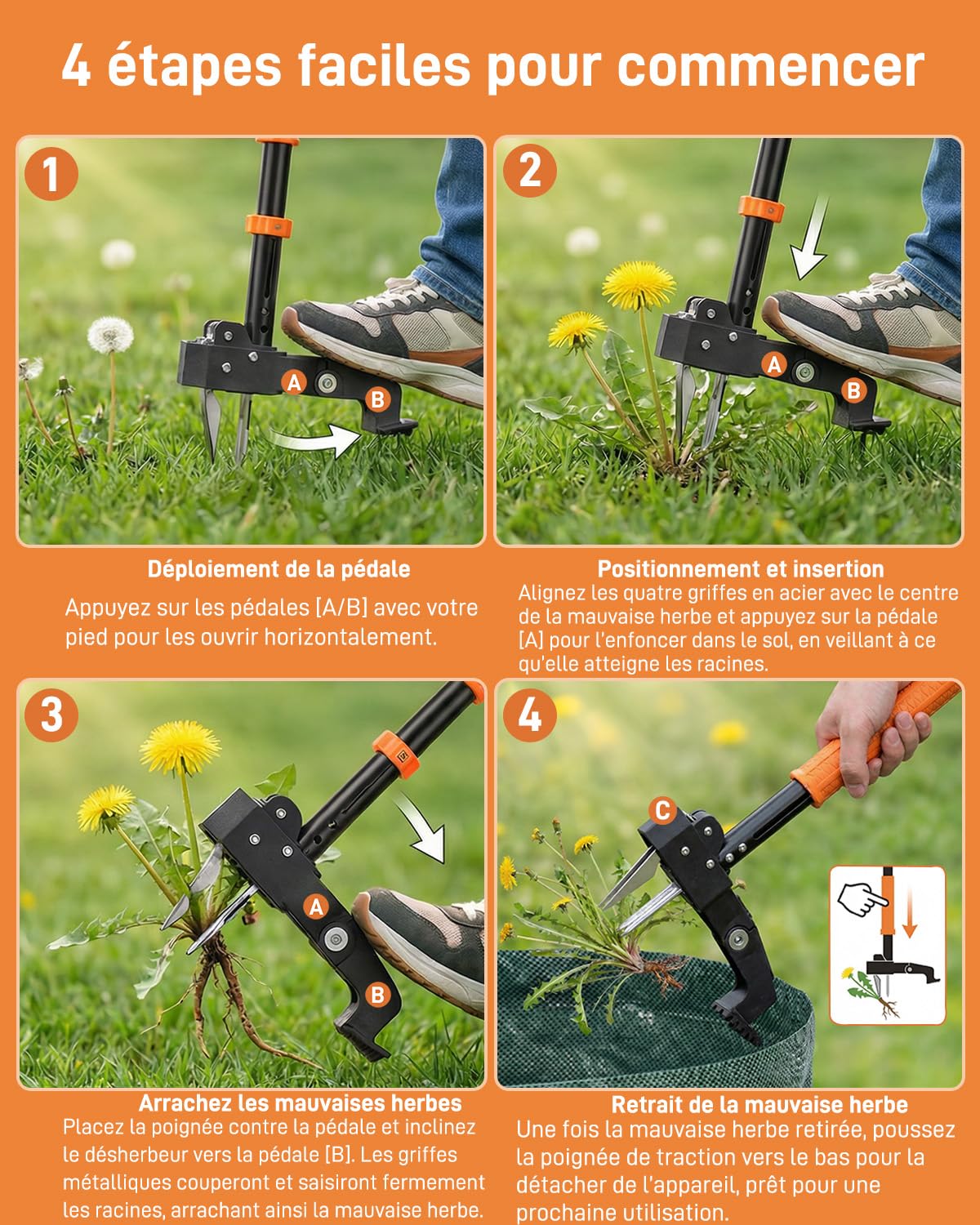 HAUSPROFI Désherbeur Manuel Extracteur (91-118 cm), Arrache-Mauvaise Herbe avec Sac de Jardin 50 L, Arrache-Pissenlit Équipé de 4 Griffes Métalliques et d'une Pédale, Rétractation Automatique