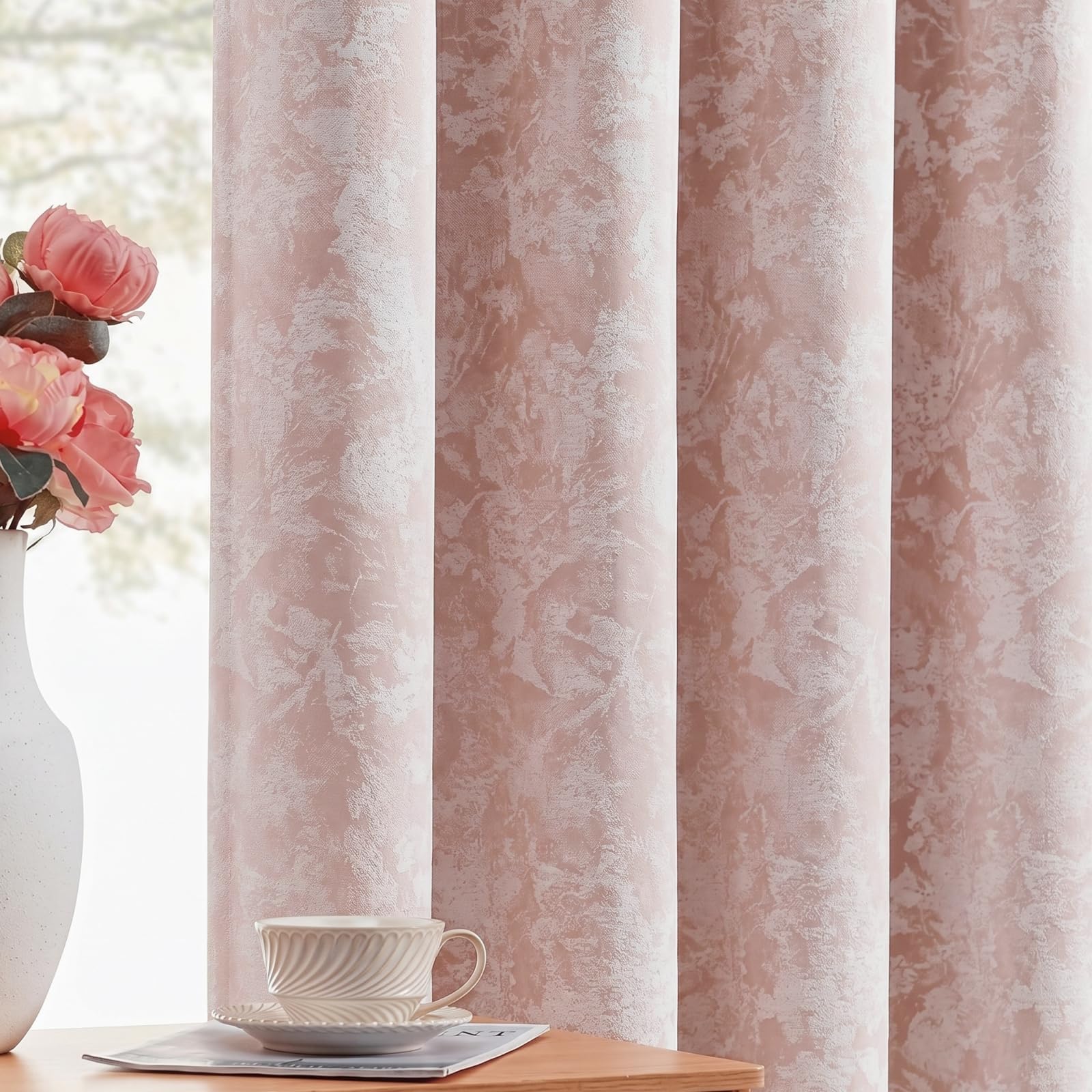 Gazal Vole Dusty Pink Jacquard Flower Curtains for Girls Bedroom & Living Room, 95 inch Drop, Floral Eyelet Curtains 85-95% Room Darkening, Abstract Leaves Window Drapes, 2 Panels, Thermal Insulated