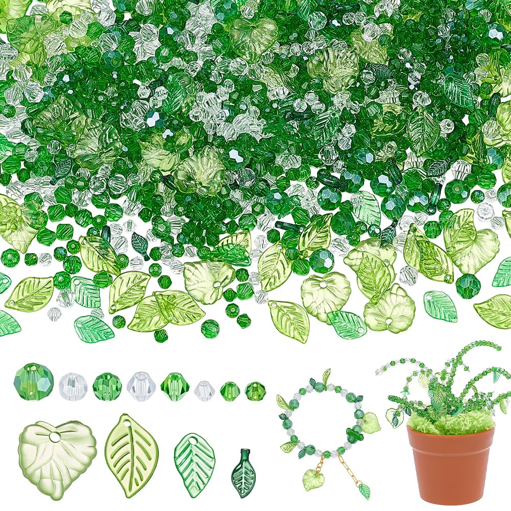 NBEADS 1000Pcs 12 Styles Green Glass Beads for Plants Making, Beaded Plant Kit Bicone Leaf Forever Plant Beads for Plants Jewelry Making DIY Crafts