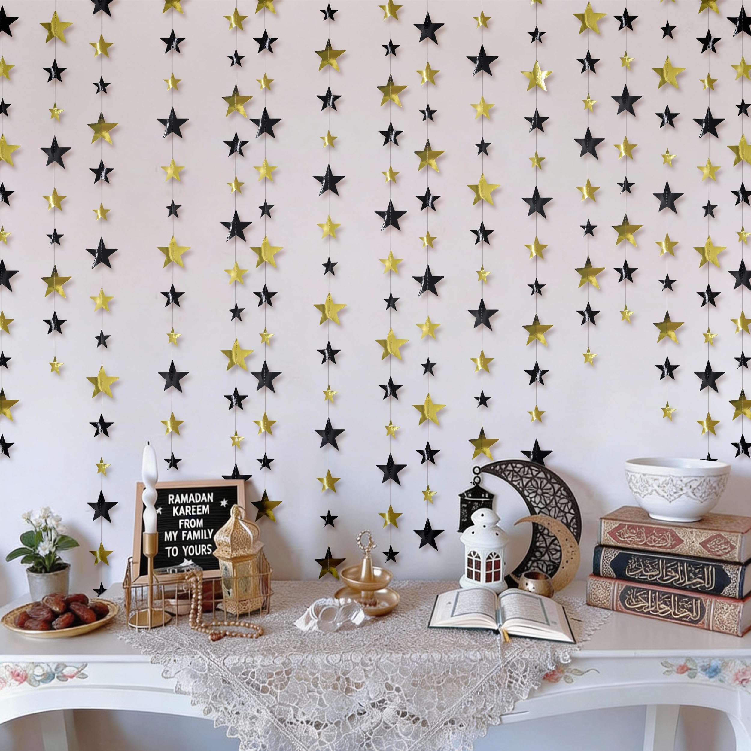Cheerland 157ft Gold Star Garlands Star Party Decorations Hanging Stars Decorations Paper Stars Streamer Banner Backdrop for Ramadan Eid Starry Night Moon Birthday Party Decor (Black Gold)