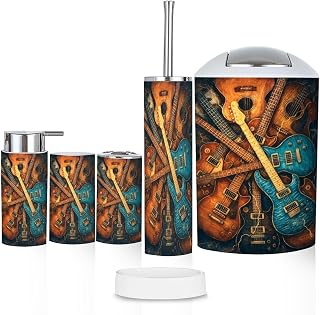 Bathroom Accessory Set 6 Piece Electric Acoustic Guitars Collage Vibrant Colors Toothbrush Cup Toothbrush Holder Soap Dispenser Soap Dish Trash Can with Lid Toilet Brush Holder Counter Decor