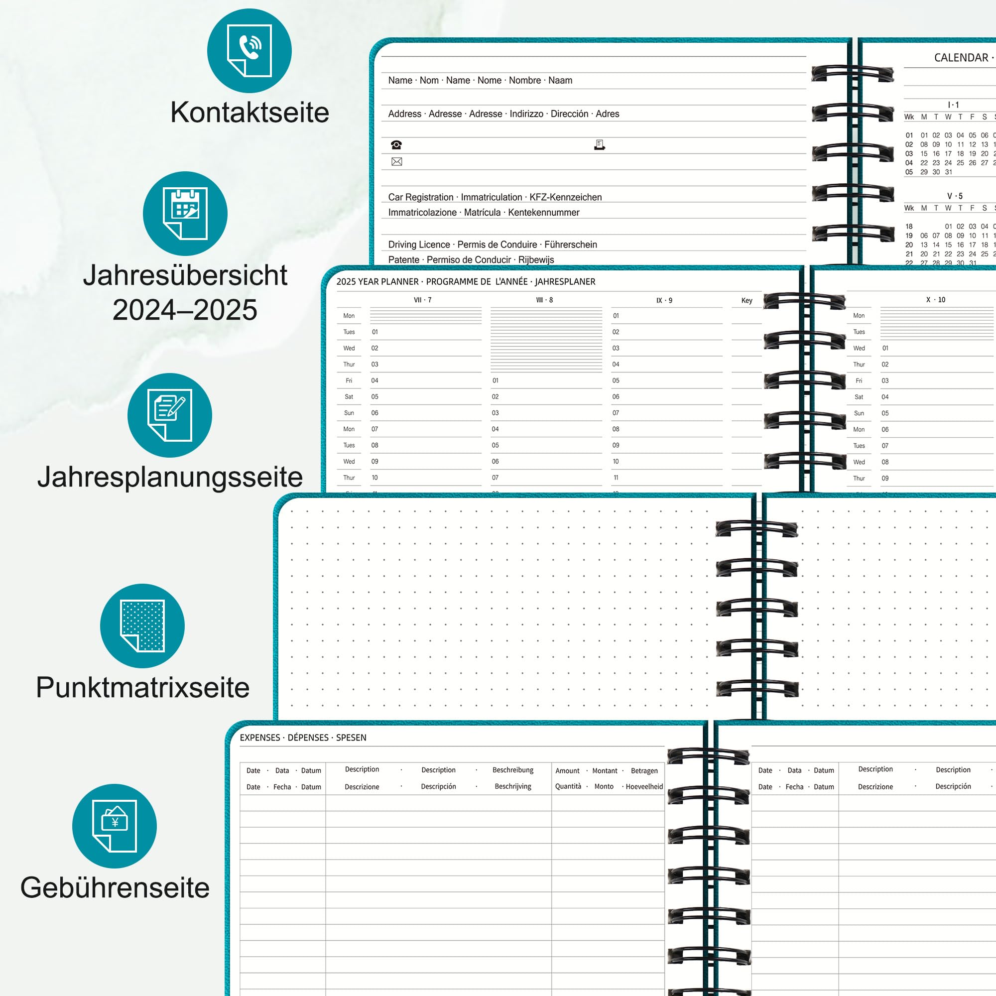 Agenda 2025 Semainier A5 Cuir Vegan - Planner 17 Mois Août 2024-décembre 2025