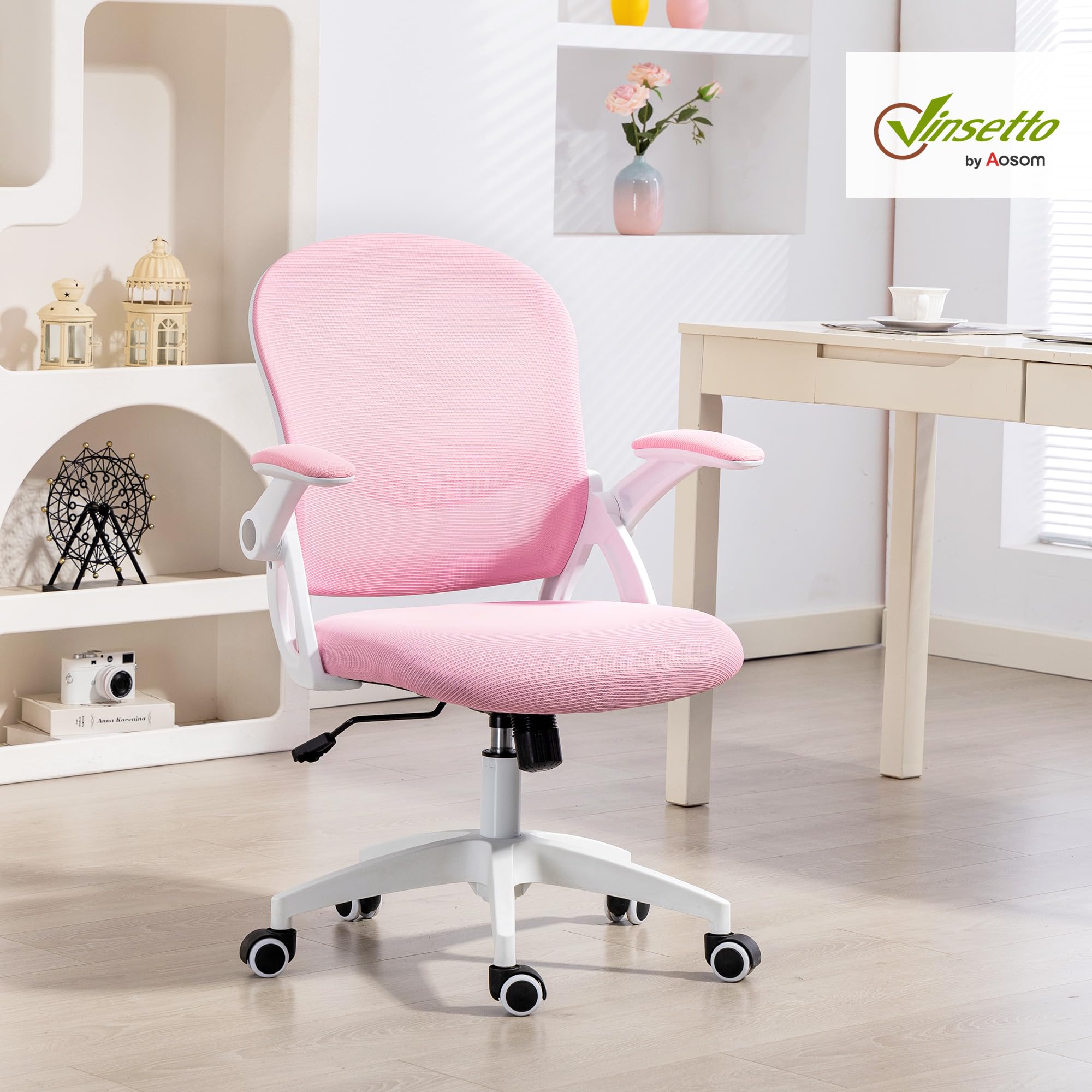 Vinsetto Sedia Ufficio con Funzione Dondolo, Braccioli Regolabili, Rosa | Altezza Regolabile, Sedia Scrivania con Schienale a Rete, Ruote, Seduta Imbottita, 65.5x61.5x88-97.5 cm
