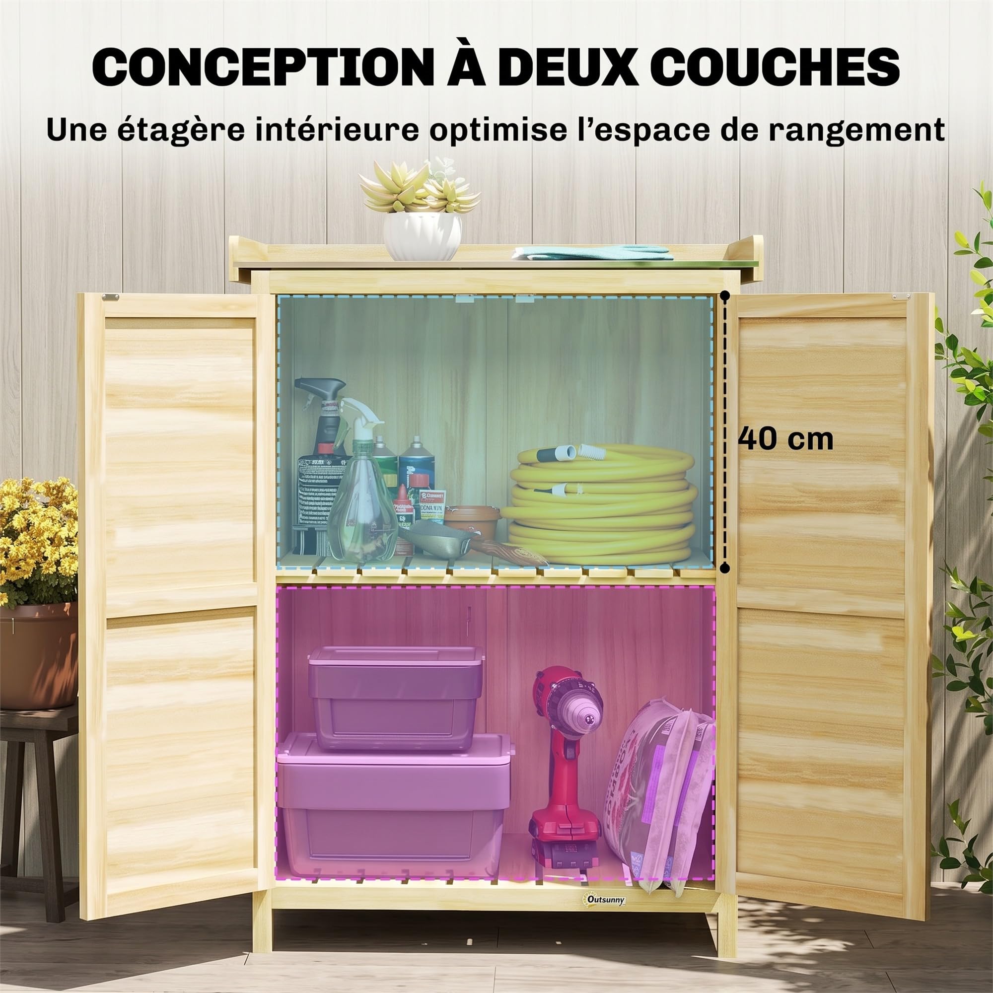 Outsunny Armoire de Jardin en Bois avec Étagère 71,5x39x95 cm Bois Naturel