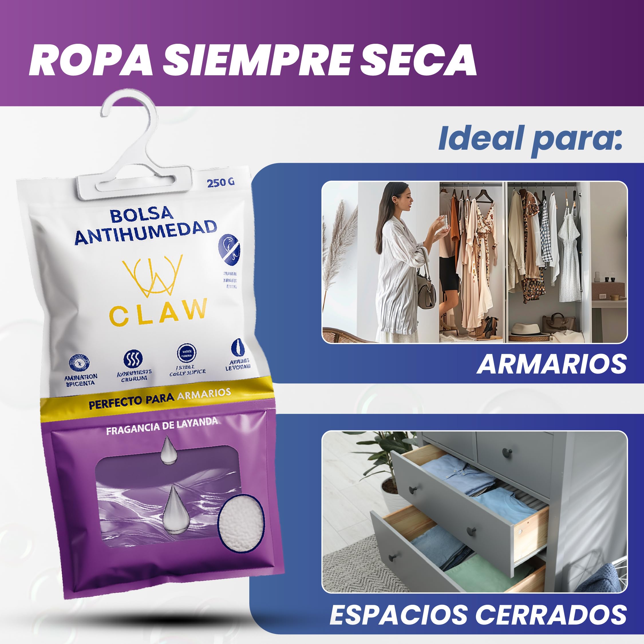 Pack de 12x250g Bolsas Antihumedad 3KG Armario Ropa – Deshumificador Percha Colgante Garaje – Elimina malos Olores con Fragacia de Lavanda- Absorbente Humedad Trastero