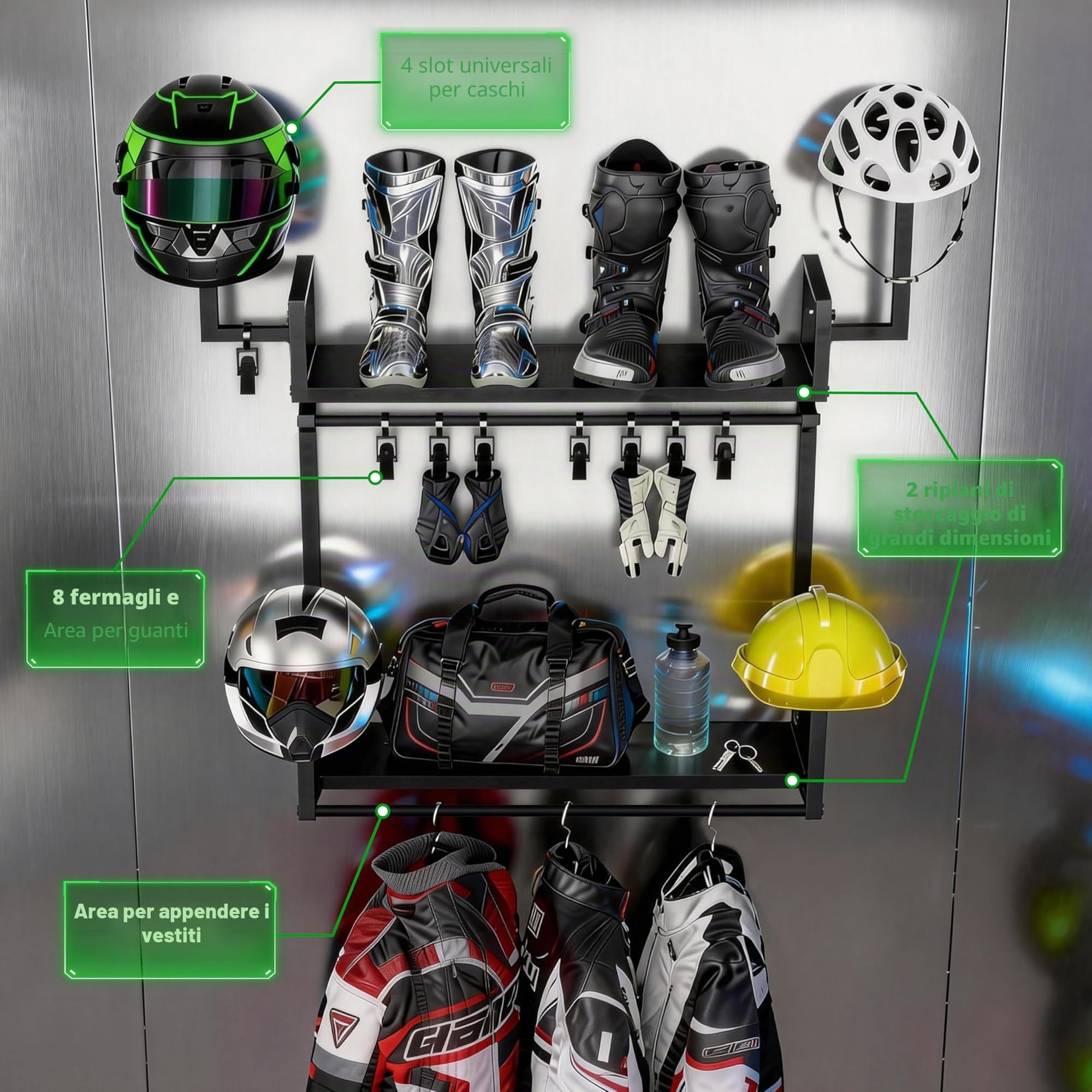 Supporto per casco da parete, 5 in 1, supporto per casco da moto, supporto per con 8 ganci, robusto da parete in acciaio per caschi da calcio