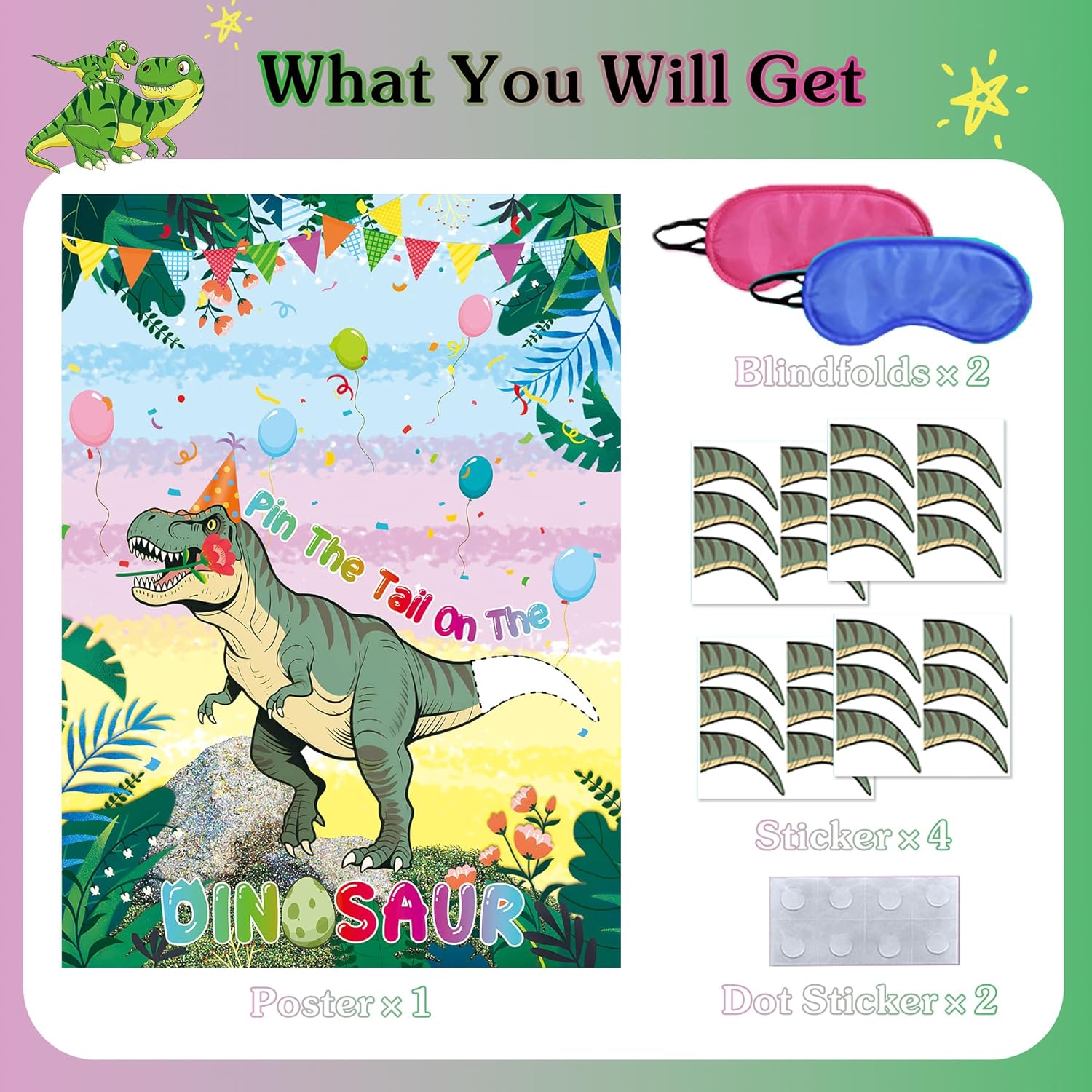 Pin The Tail on The Dinosaur Party Game for Kids Birthday, 21x28 Inch Birthday Party Games for Kids with 24 pcs Tail Stickers, Birthday Party Supplies for Wall Home Room Decor