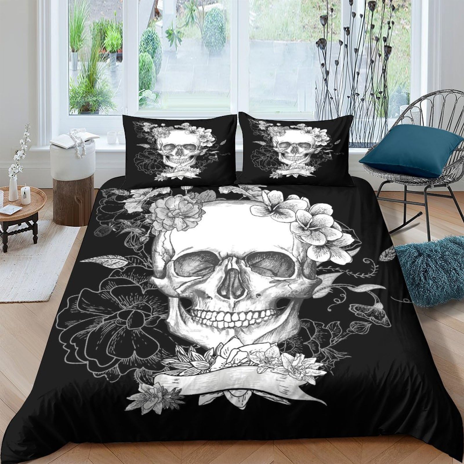 XFKLYNVCJ 3D Printed With Flowers Duvet Cover Polyester Black And White Comforter Cover Hypoallergenic Durable for Teen Bedroom Young Adults Rental Home Bedding Use Double（200x200cm）