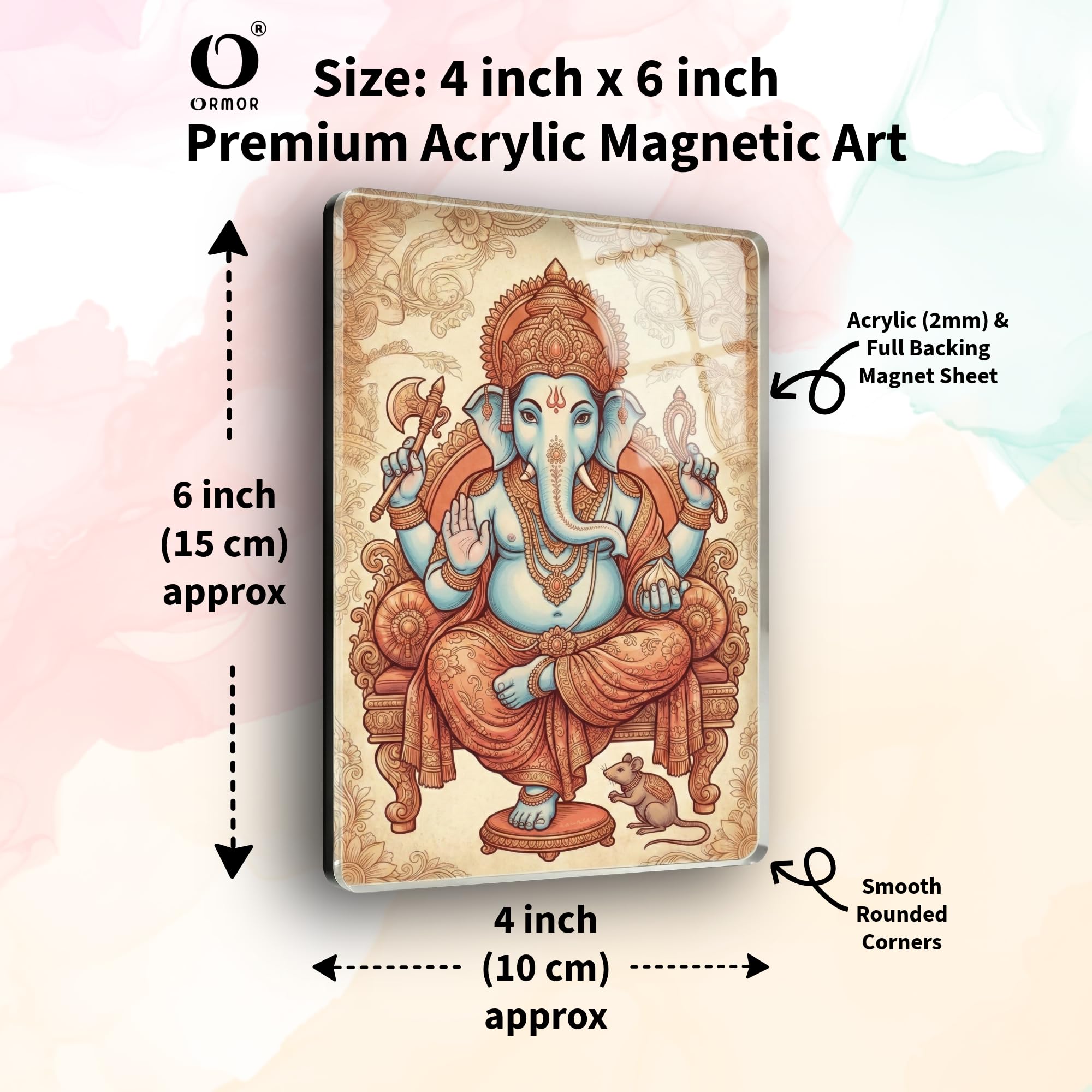 ORMOR Ganesh God Picture Fridge Magnet Acrylic Photo (4x6 inch, ART3) with Self Adhesive Wall Hook | for Display on Refrigerator, Wardrobe Almirah, Office Table | Paste on Wall Entrance, Puja Room Temple, Religious Art Home Decor Gift Item 1