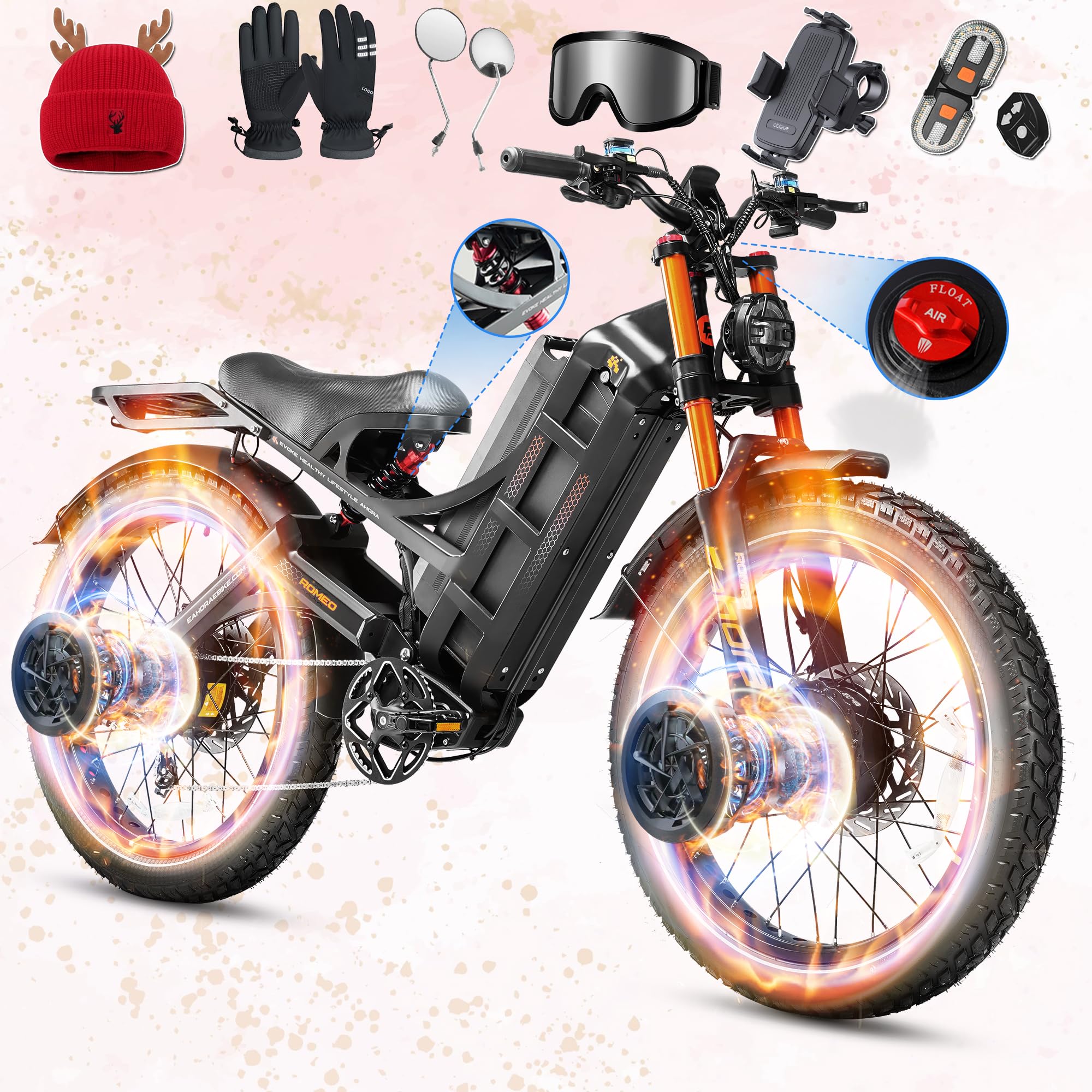 eAhora 2025 Romeo Pro 3/2 50-46Mph Electric Bike for Adults 5600W/4000W/2500W Dual Motor Ebike 60V/80Ah 52V/70Ah Long Range Fat Tire Full Suspension Electric Mountain Bicycle