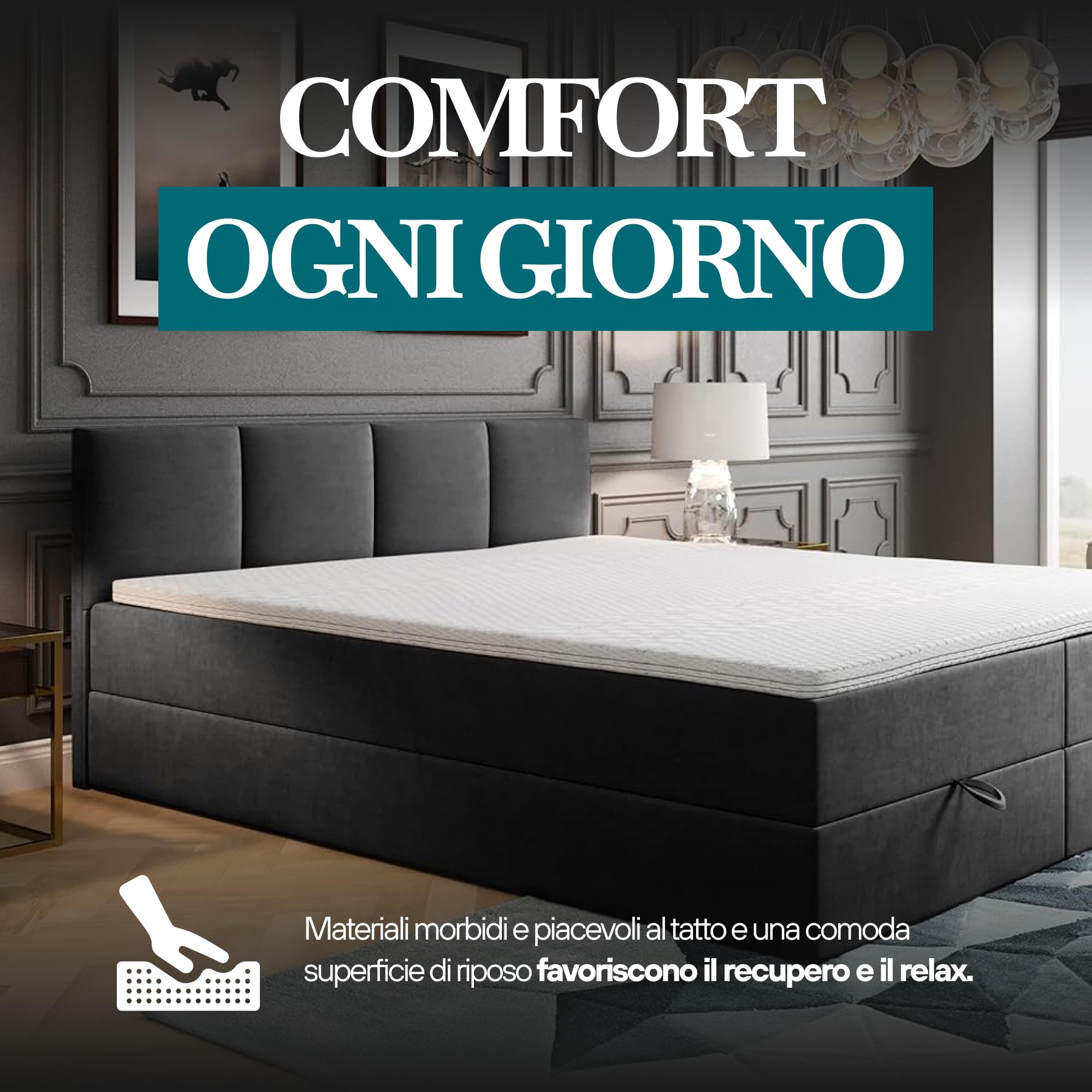 TRADA Matrimoniale con Contenitore 200x200 cm e Materasso Bonell - ROYAL - Letto Elegante con Topper 5 cm - Grigio